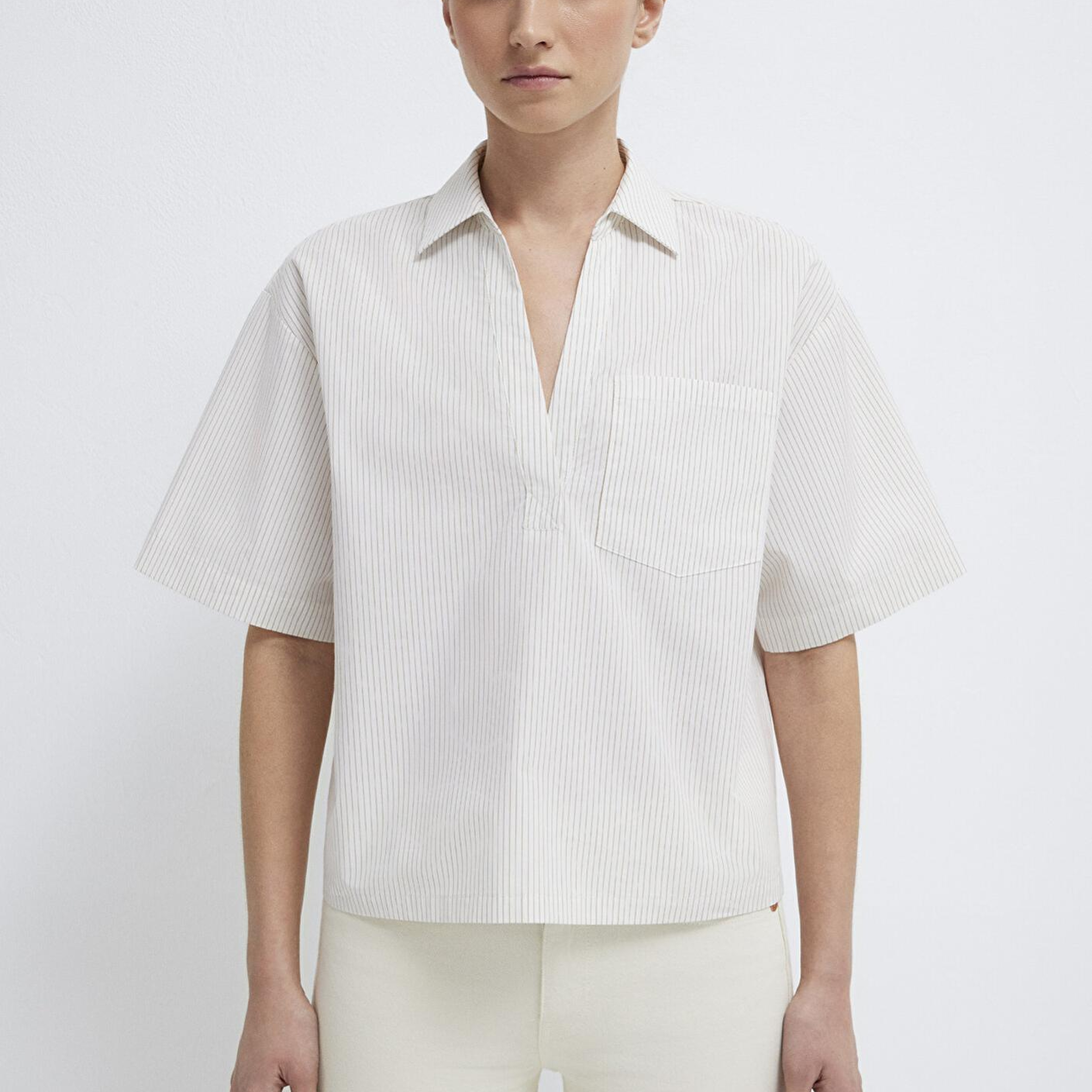 Mavi Kısa Kollu Cepli Ekru Bluz 1211377-82759