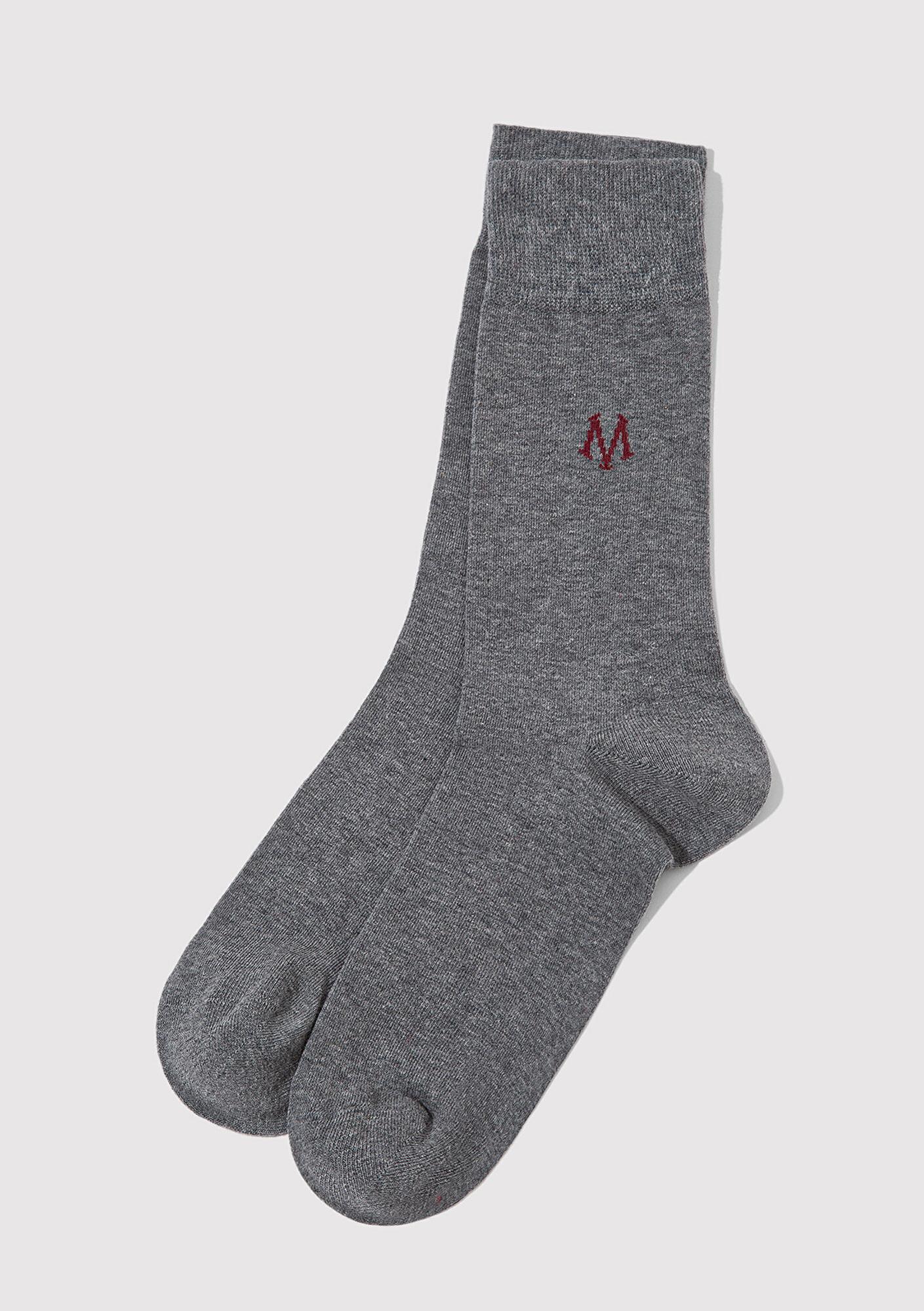Mavi M Logo Baskılı Gri Soket Çorap 090250-24674