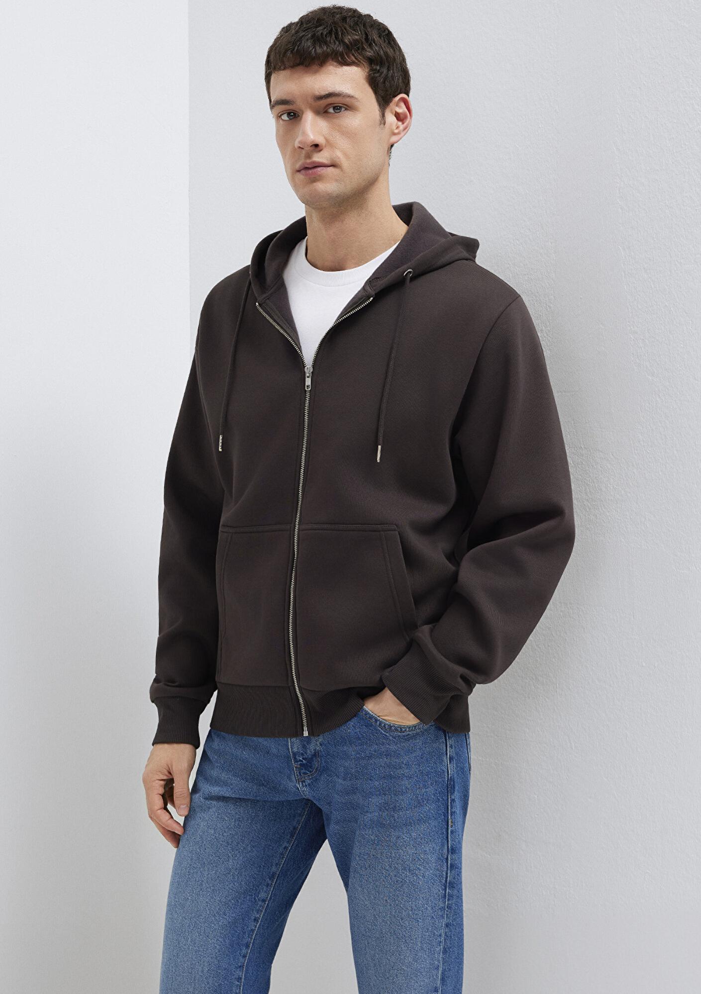 Mavi Kapüşonlu Fermuarlı Kahverengi Basic Sweatshirt 0S10277-70219