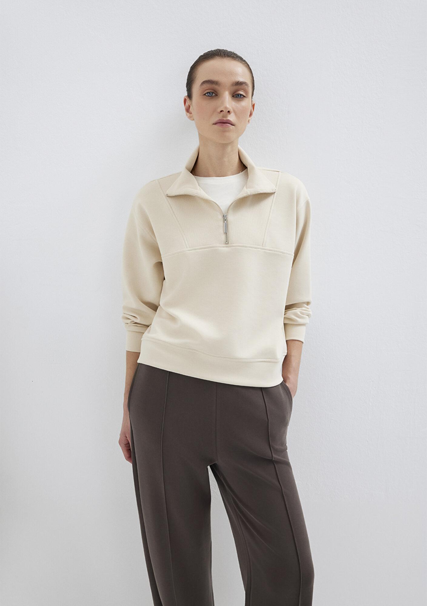 Mavi Yarı Fermuarlı Ekru (TENCEL™) Sweatshirt 1S10488-70005