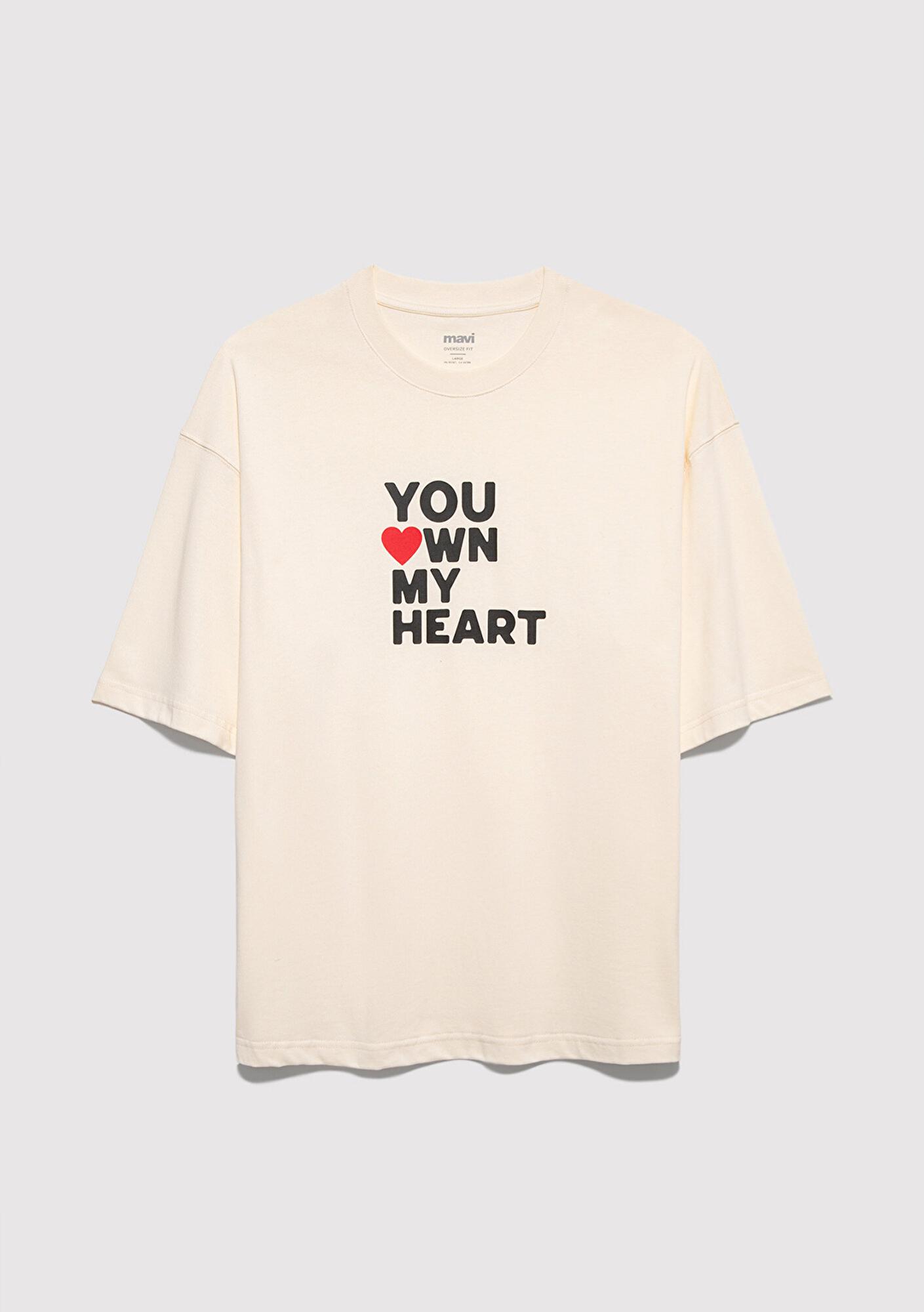 Mavi You Own My Heart Baskılı Ekru Tişört Oversize / Geniş Kesim 0613253-83043