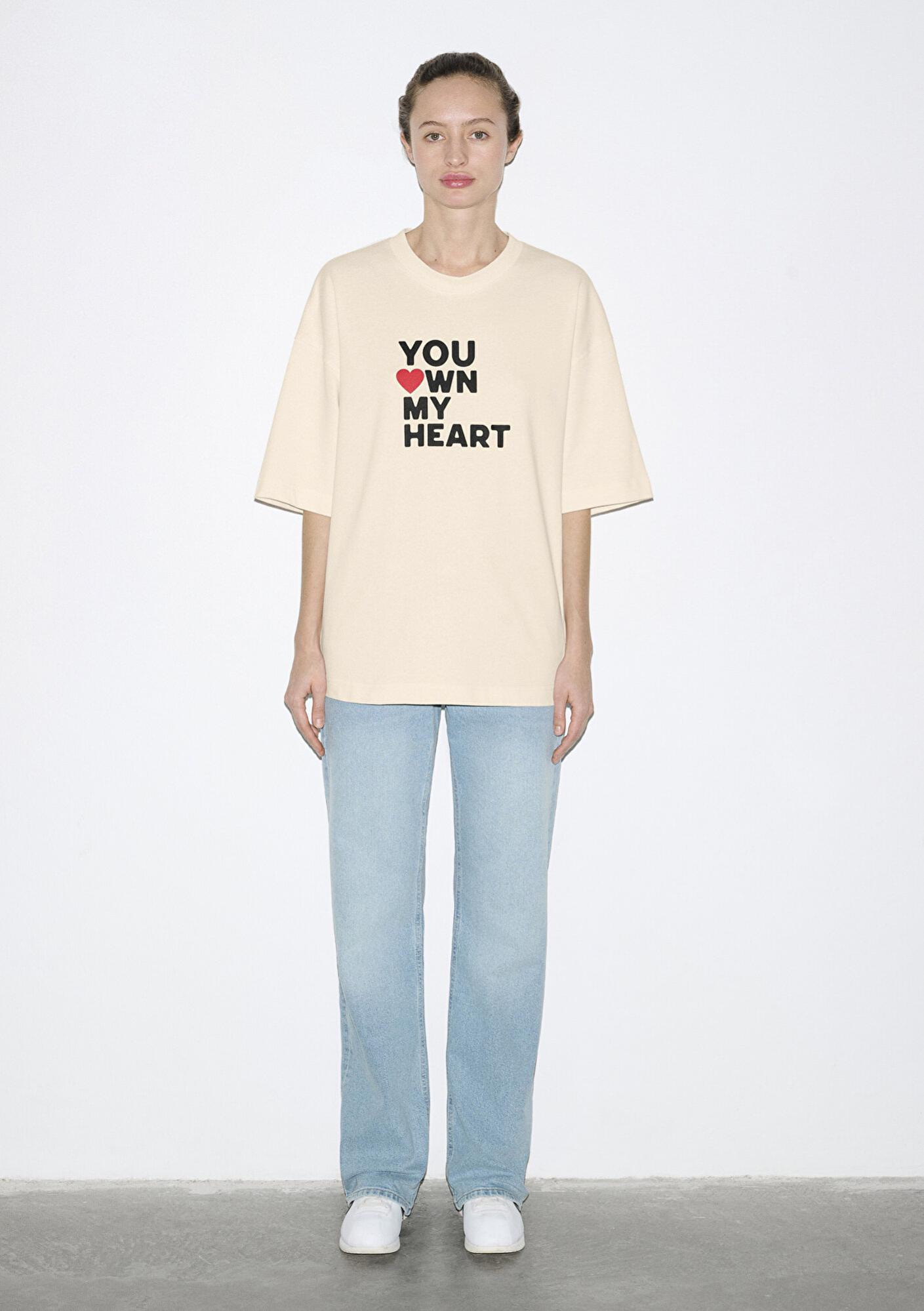 Mavi You Own My Heart Baskılı Ekru Tişört Oversize / Geniş Kesim 0613253-83043