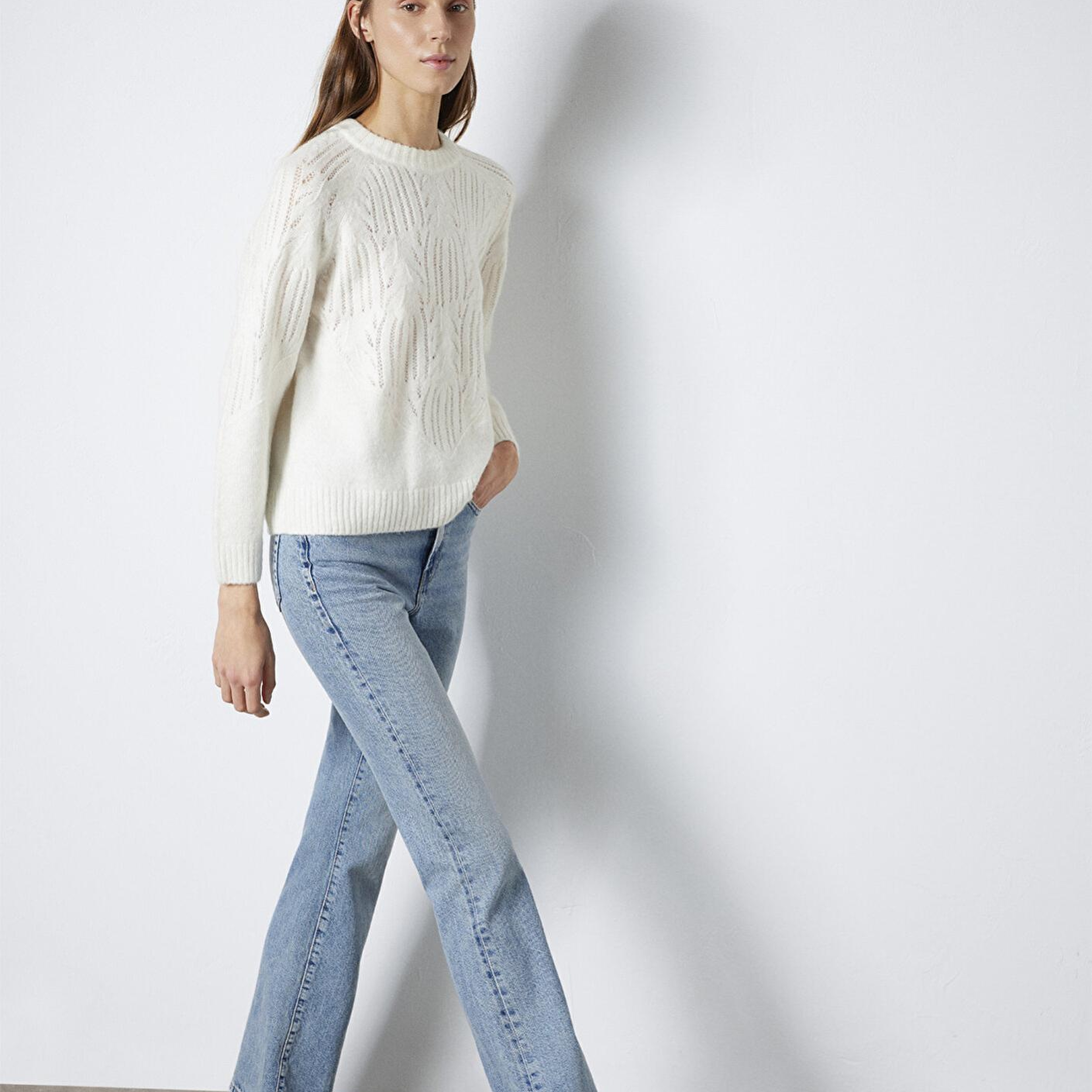 Mavi Örme Detaylı Ekru Kazak Loose Fit / Bol Rahat Kesim 1710852-70057