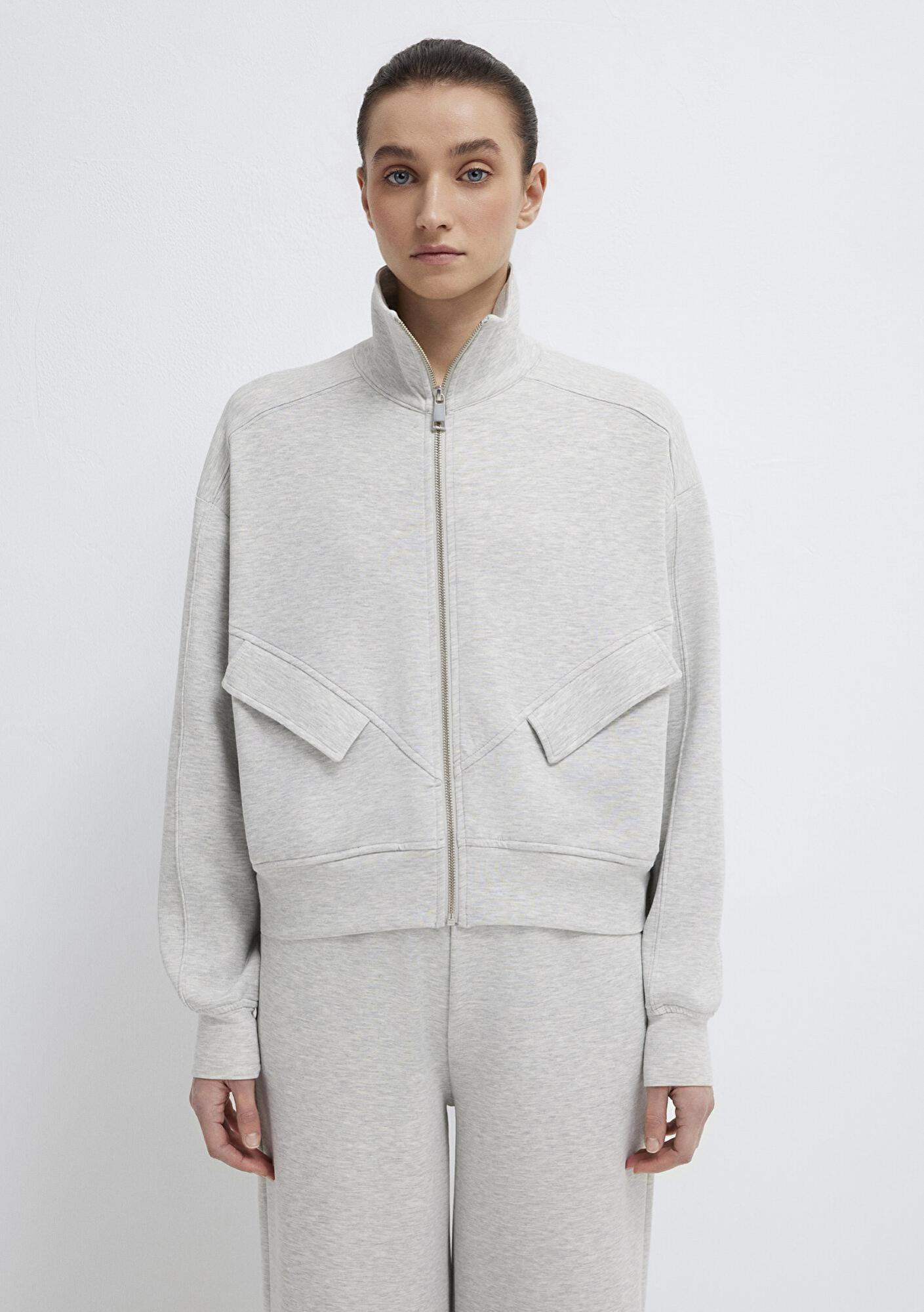 Mavi Dik Yaka Fermuarlı Gri Sweatshirt 1S10506-83096