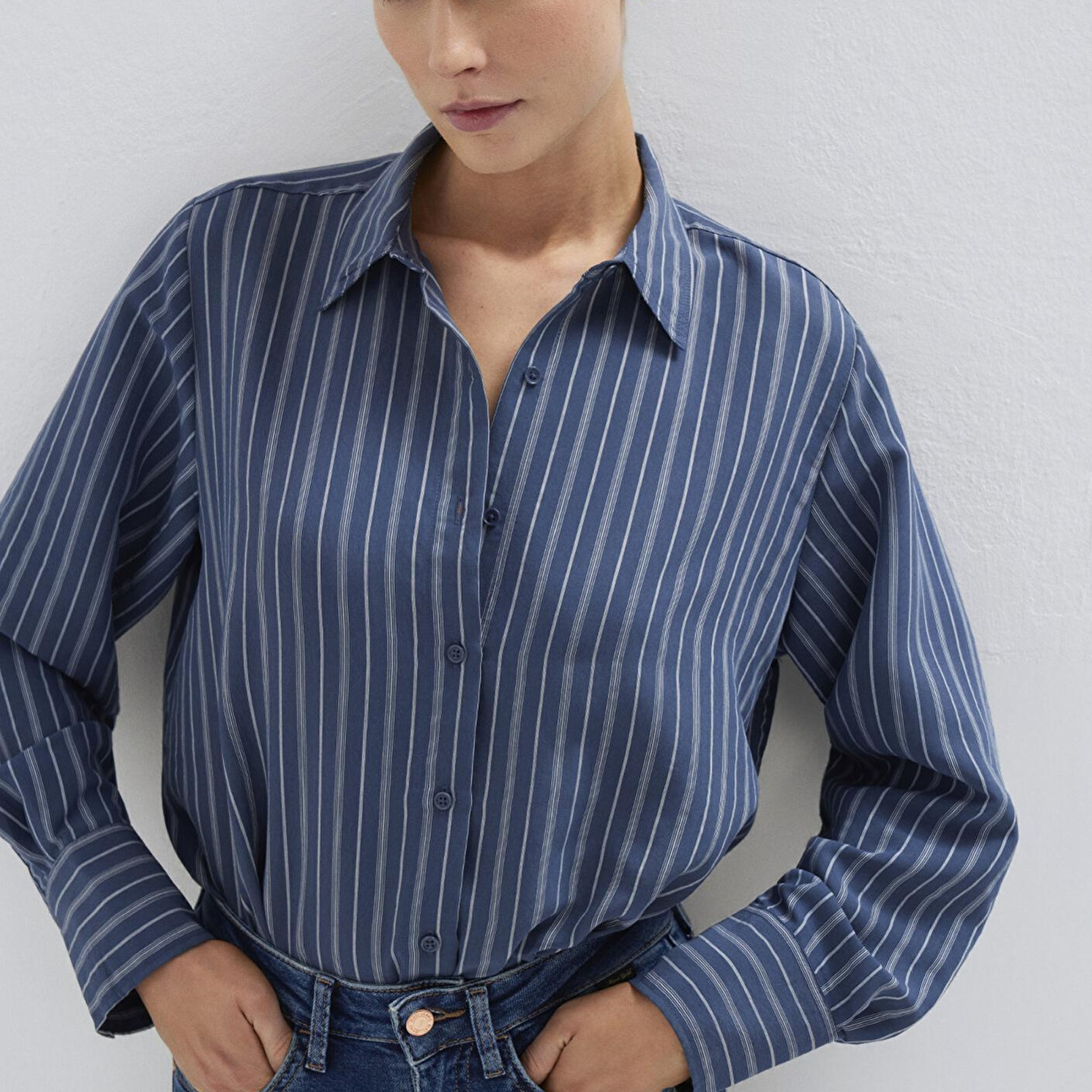 Mavi Çizgili (TENCEL™) Gömlek Loose Fit / Bol Rahat Kesim 1211373-91385