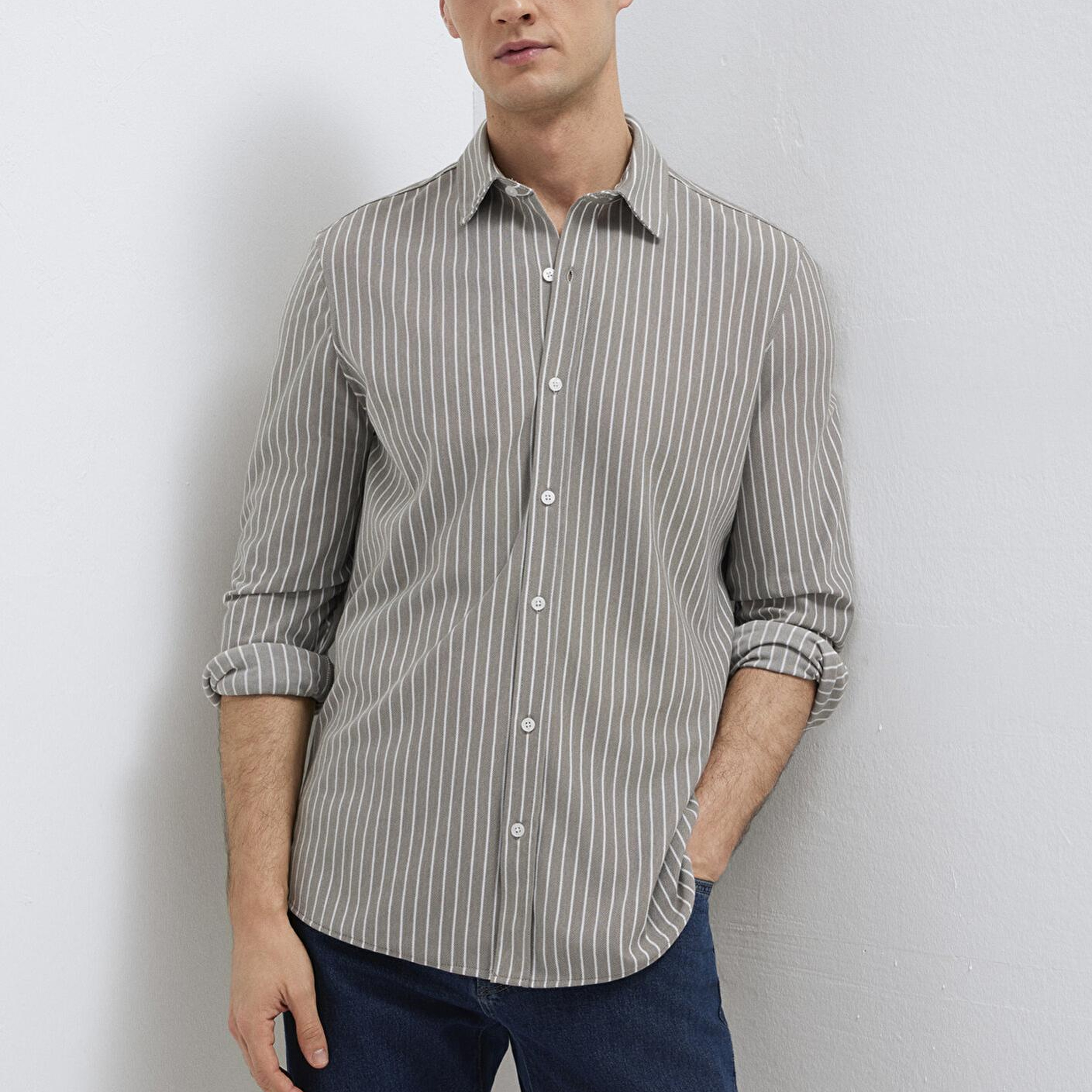 Mavi Çizgili Gri Gömlek Slim Fit / Dar Kesim 0211404-91582