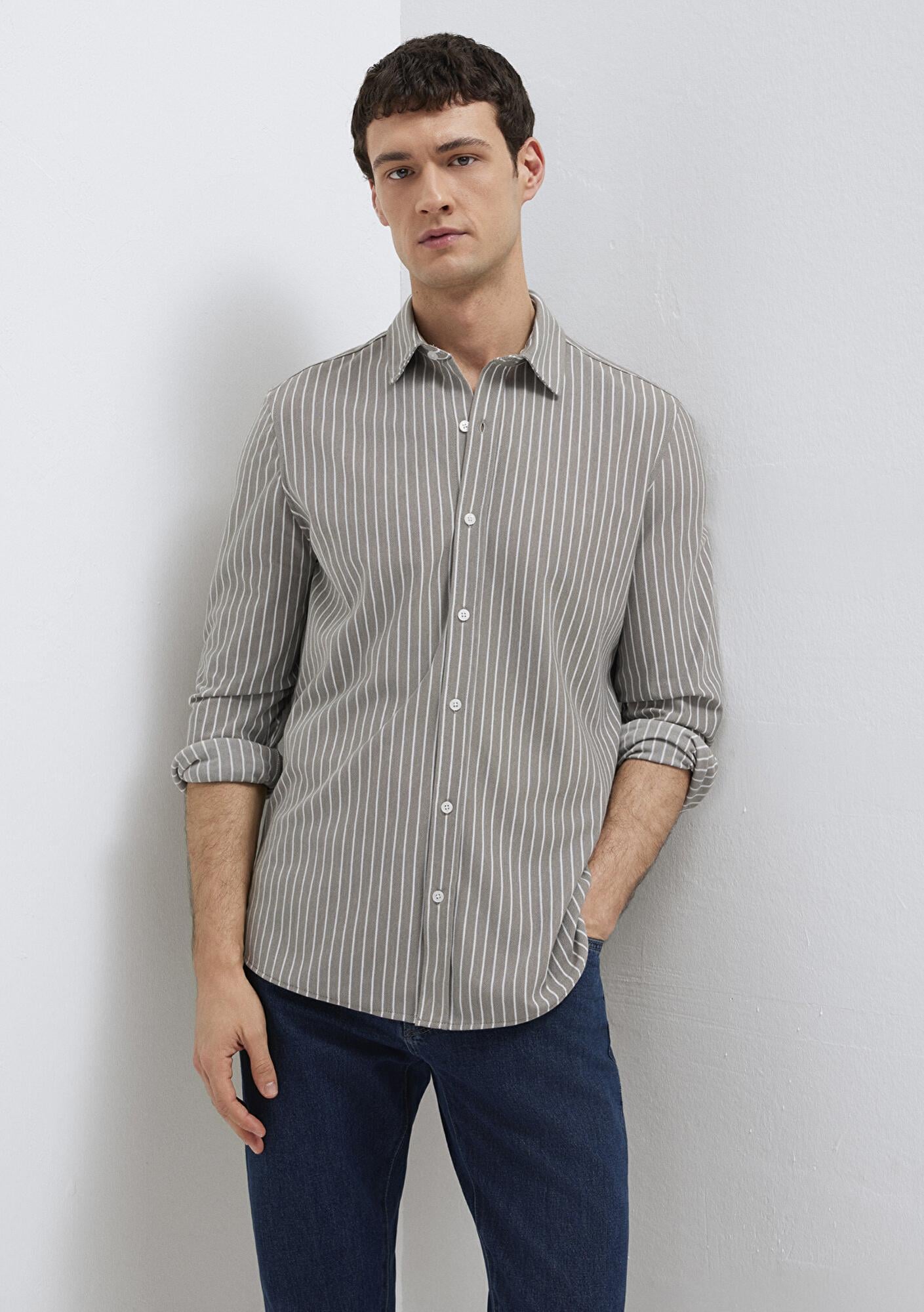 Mavi Çizgili Gri Gömlek Slim Fit / Dar Kesim 0211404-91582