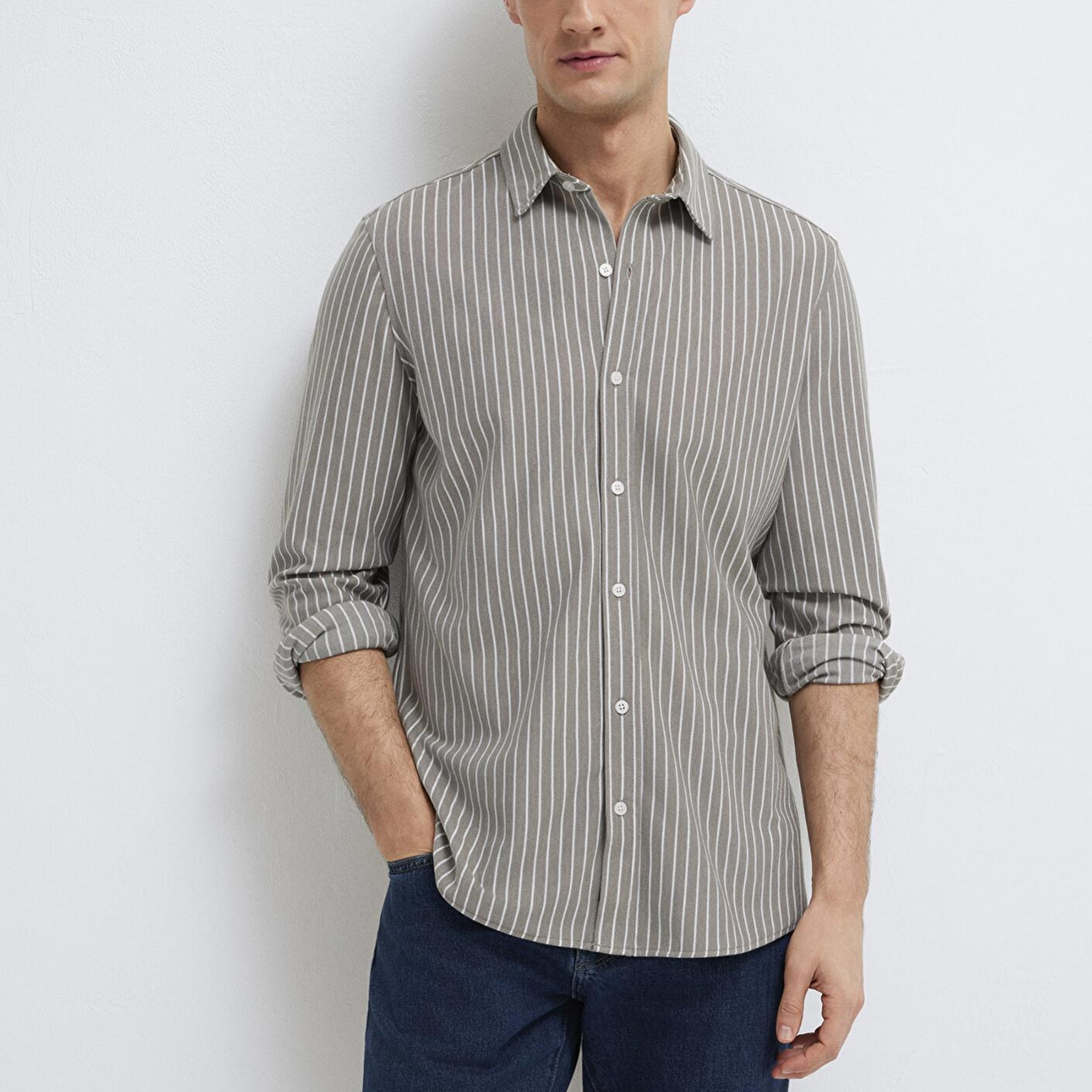 Mavi Çizgili Gri Gömlek Slim Fit / Dar Kesim 0211404-91582