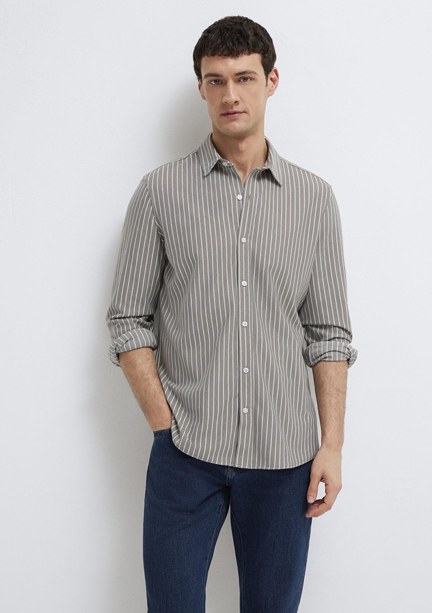 Mavi Çizgili Gri Gömlek Slim Fit / Dar Kesim 0211404-91582