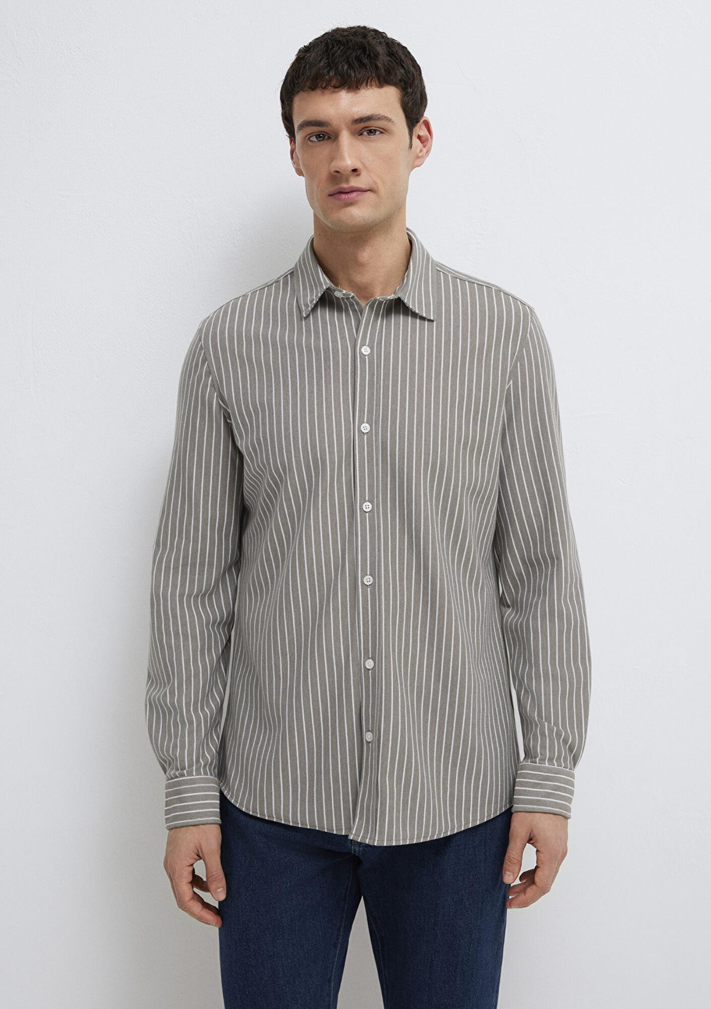 Mavi Çizgili Gri Gömlek Slim Fit / Dar Kesim 0211404-91582