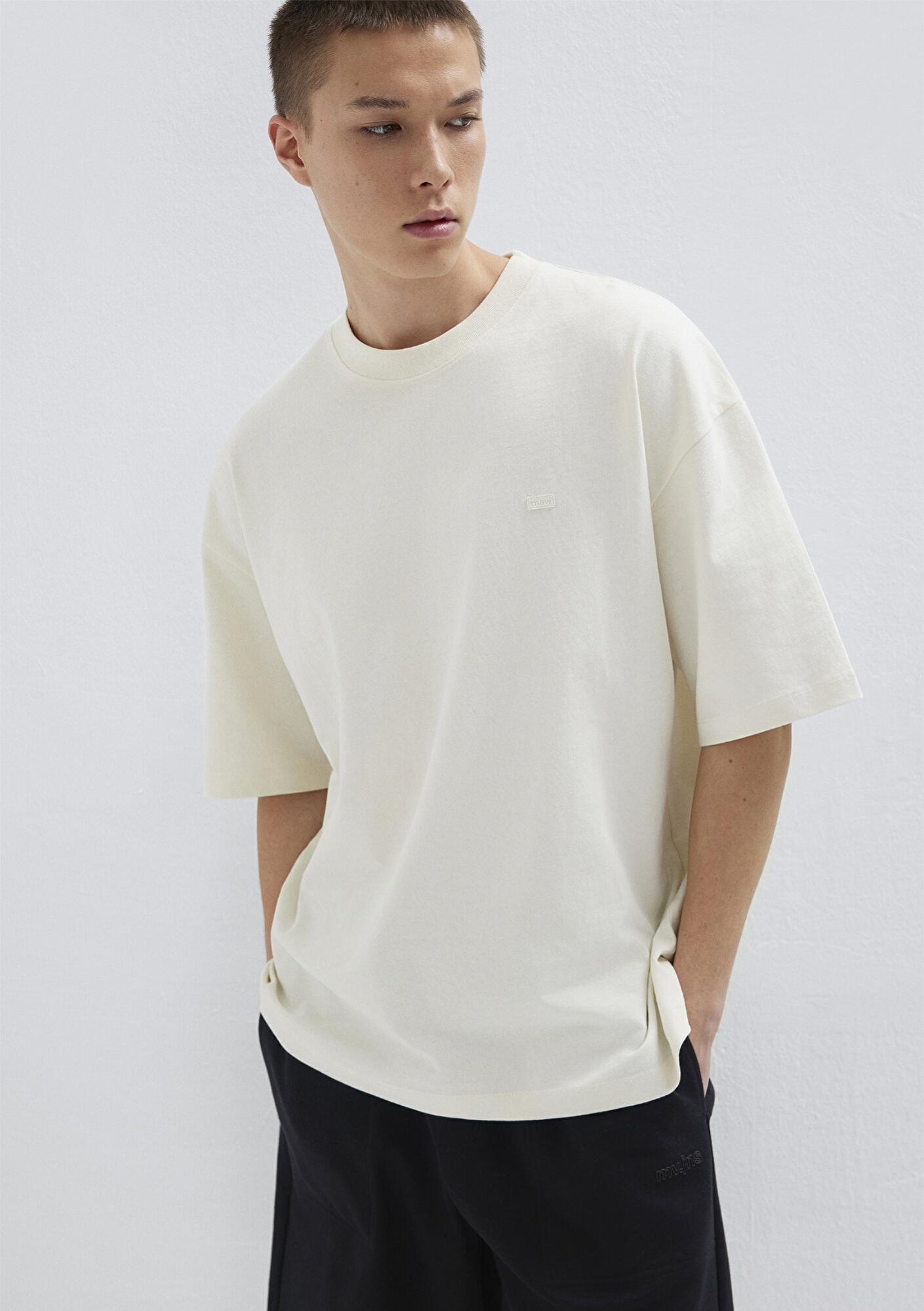 Mavi Silikon Logo Baskılı Ekru Basic Tişört Oversize / Geniş Kesim 0613188-71610