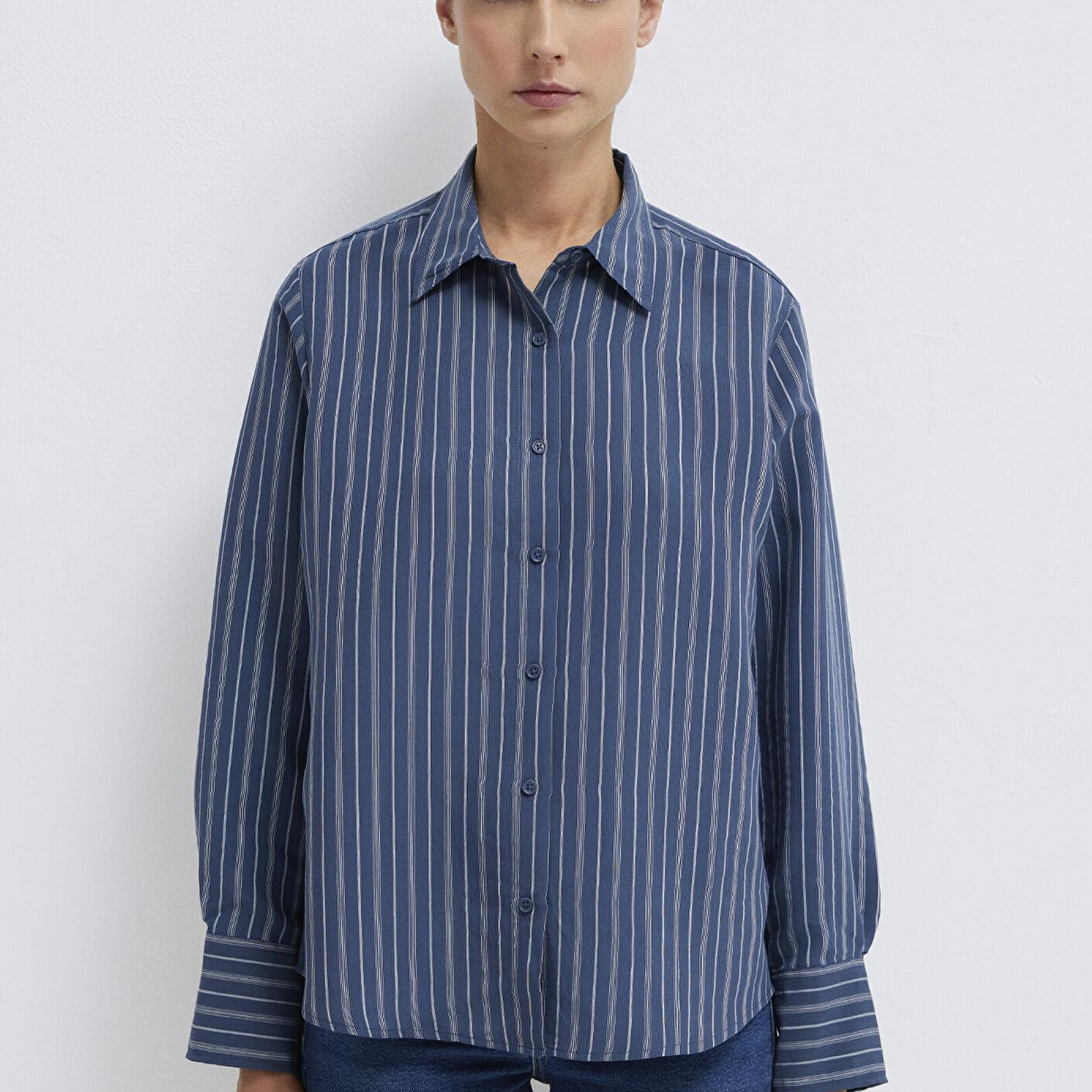 Mavi Çizgili (TENCEL™) Gömlek Loose Fit / Bol Rahat Kesim 1211373-91385