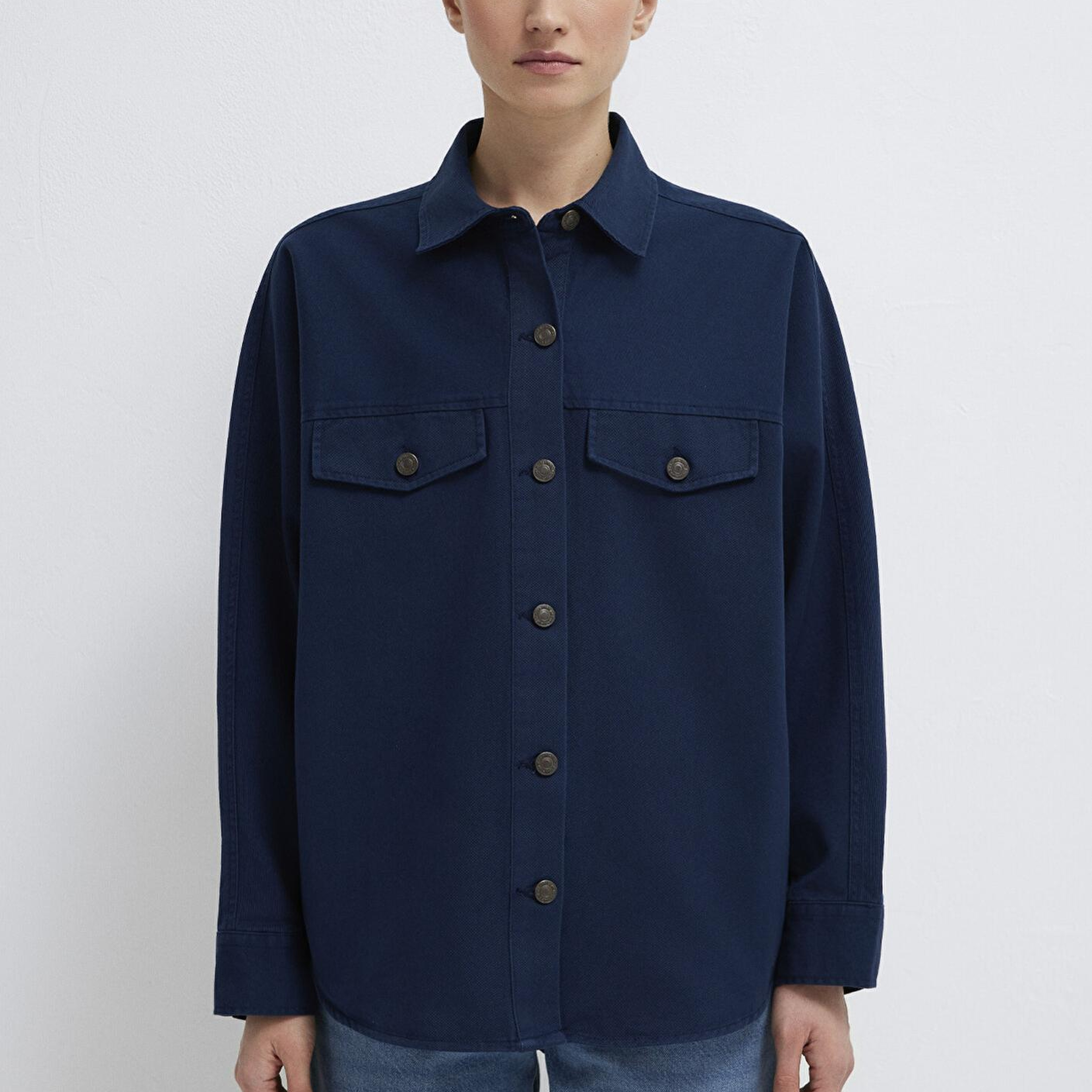 Mavi Cep Detaylı Lacivert Gömlek Oversize / Geniş Kesim 1211181-82318