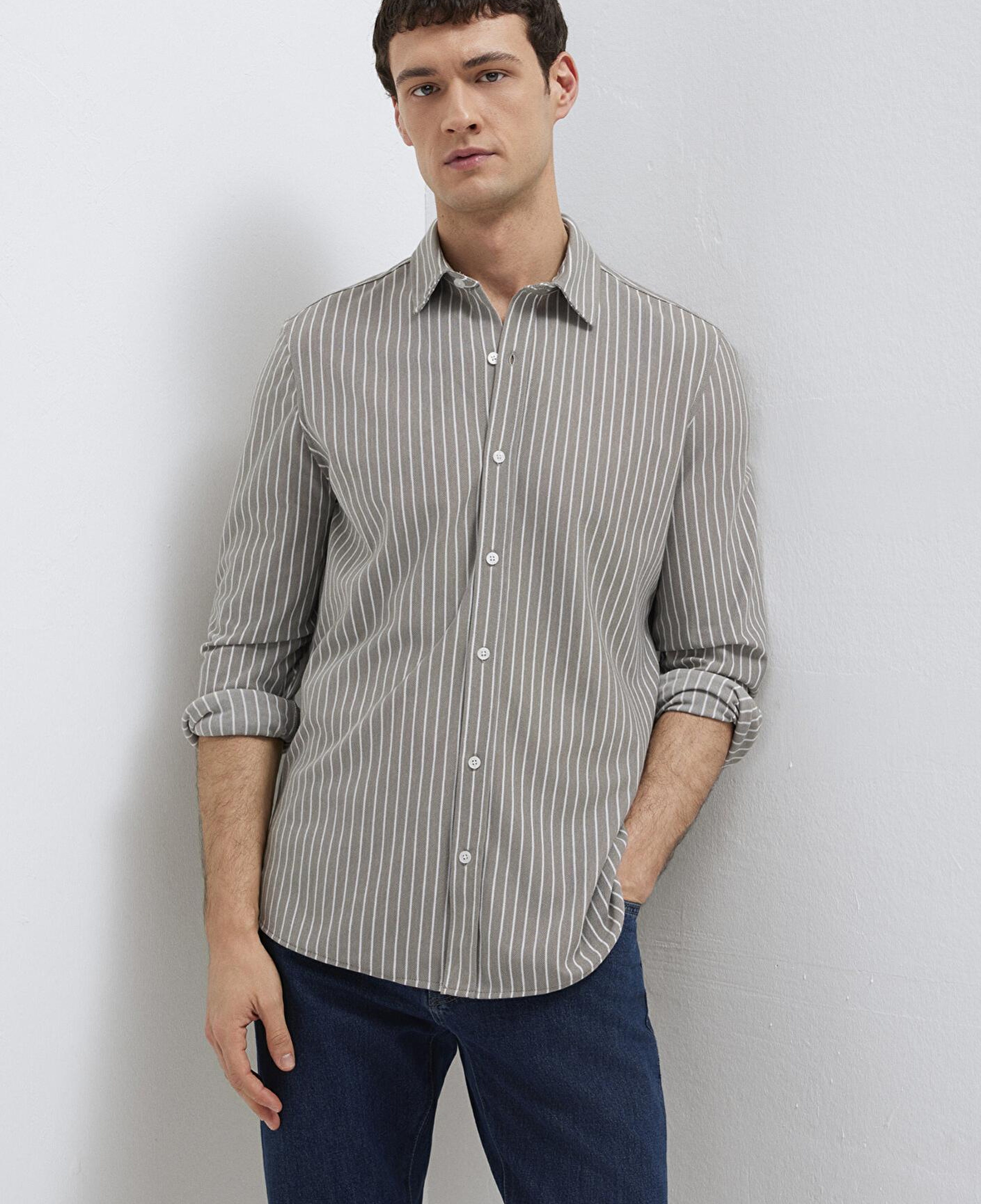 Mavi Çizgili Gri Gömlek Slim Fit / Dar Kesim 0211404-91582