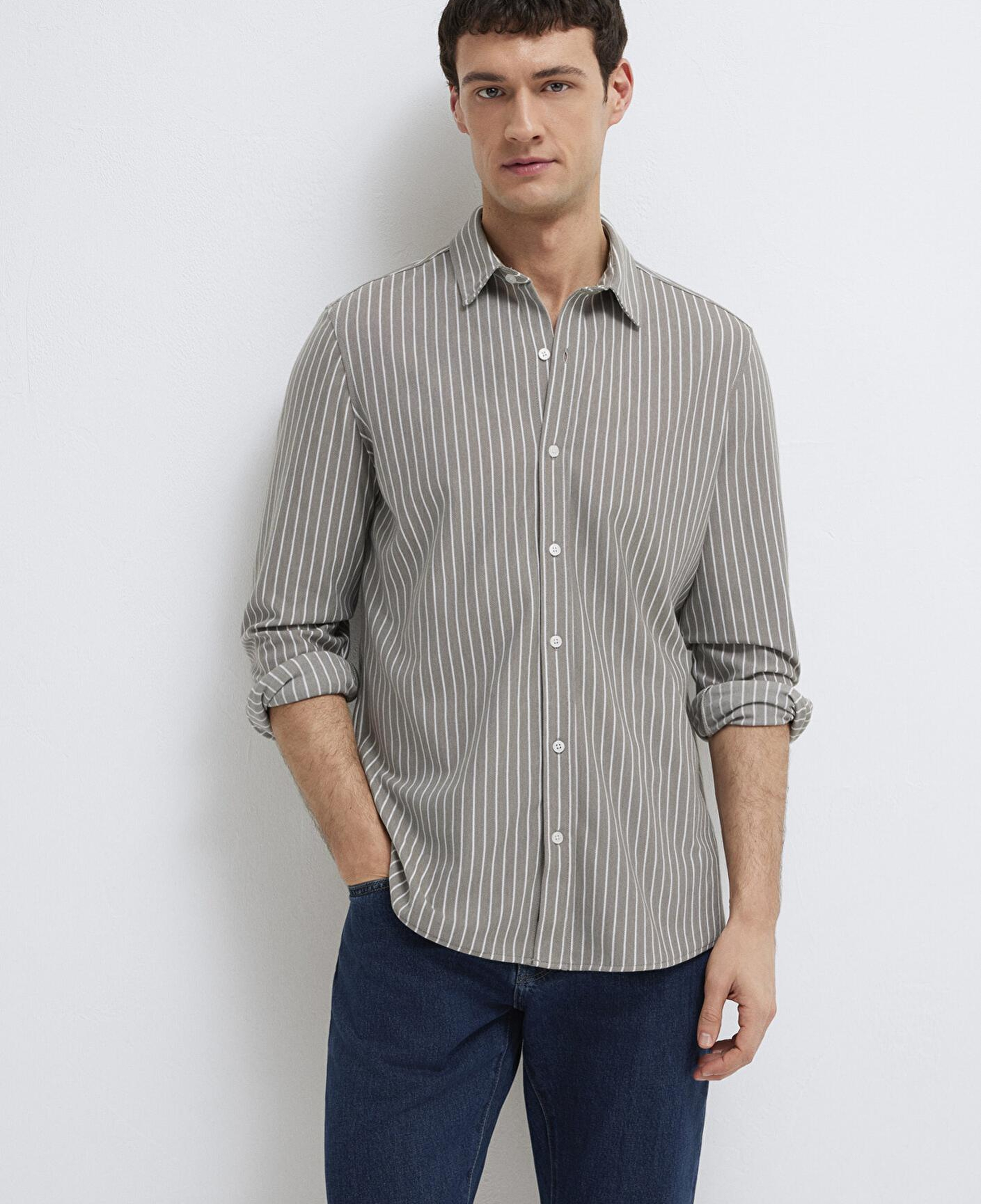 Mavi Çizgili Gri Gömlek Slim Fit / Dar Kesim 0211404-91582