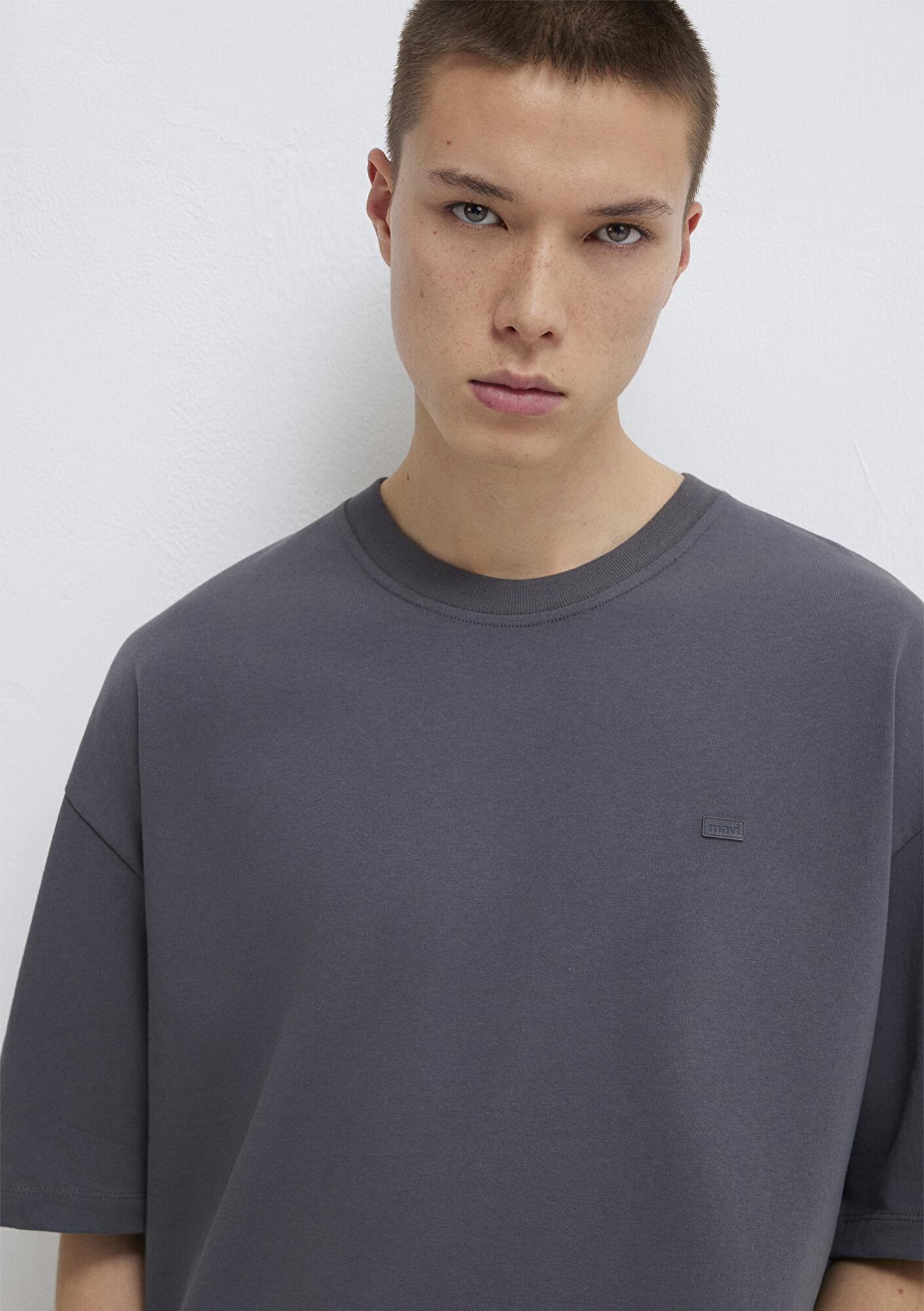 Mavi Silikon Logo Baskılı Antrasit Basic Tişört Oversize / Geniş Kesim 0613188-80955