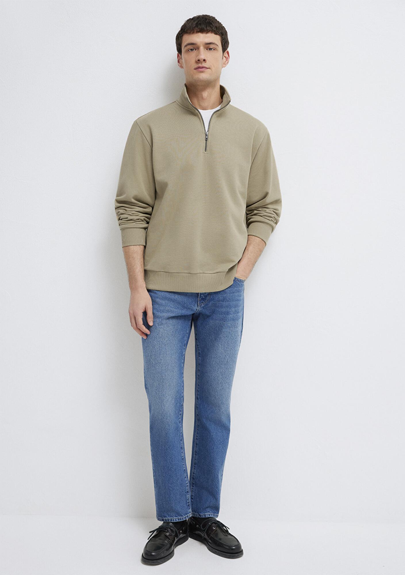 Mavi Yarı Fermuarlı Basic Bej Sweatshirt 0S10419-70204