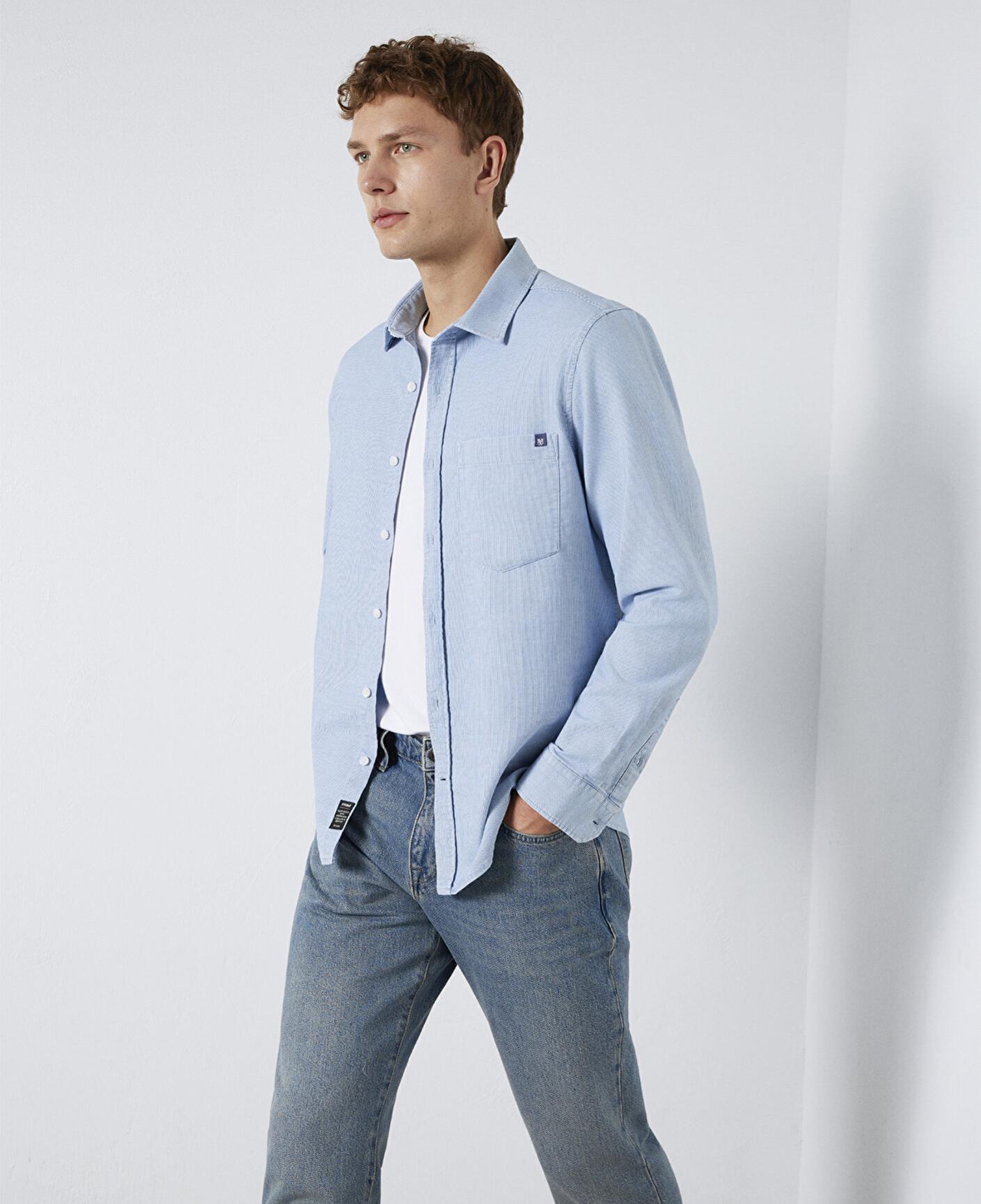 Mavi Çizgili Cepli Mavi Gömlek Regular Fit / Normal Kesim 0211852-91407