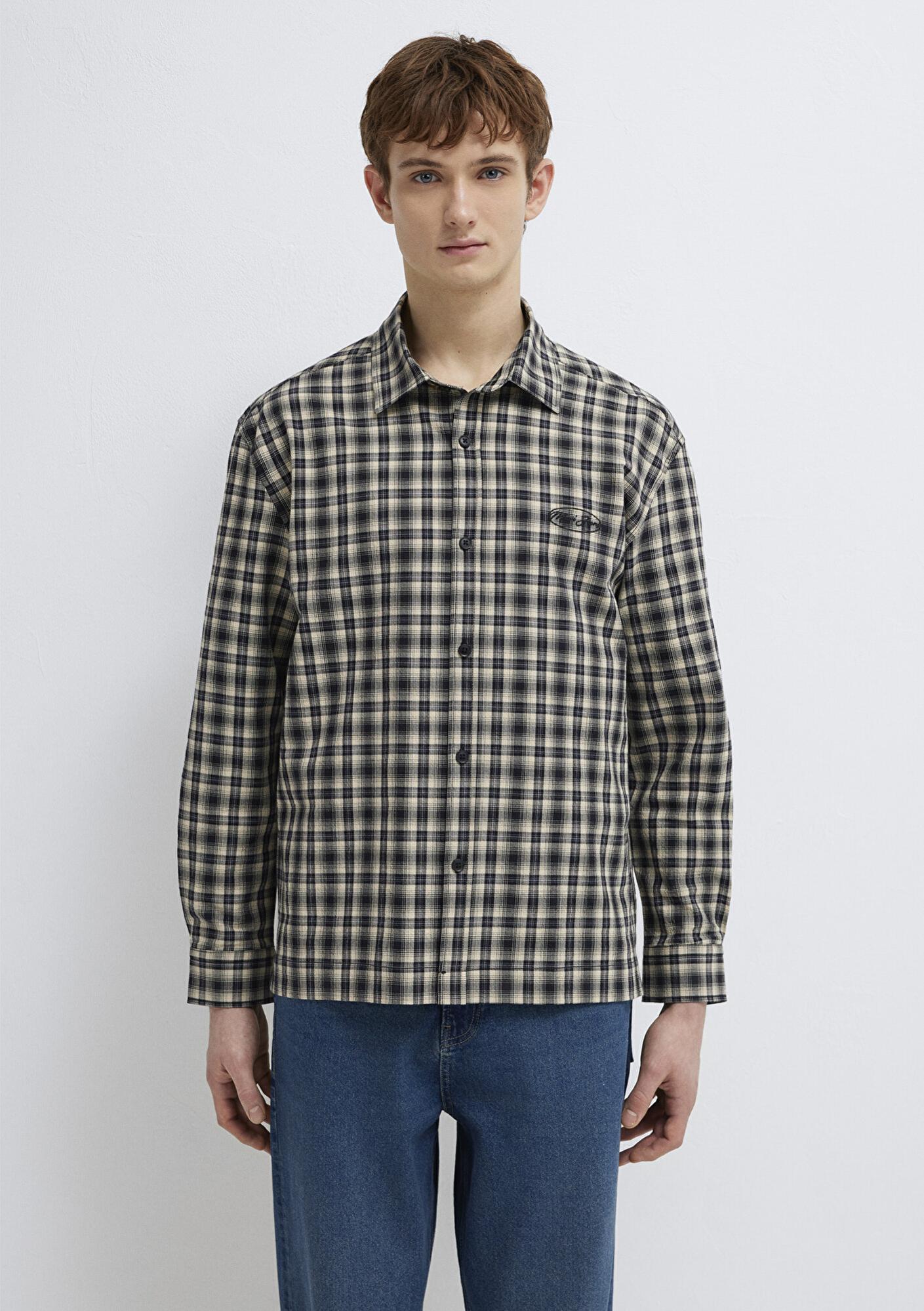 Mavi Mavi Jeans Nakışlı Siyah Ekose Gömlek Loose Fit / Bol Rahat Kesim 0211880-91417