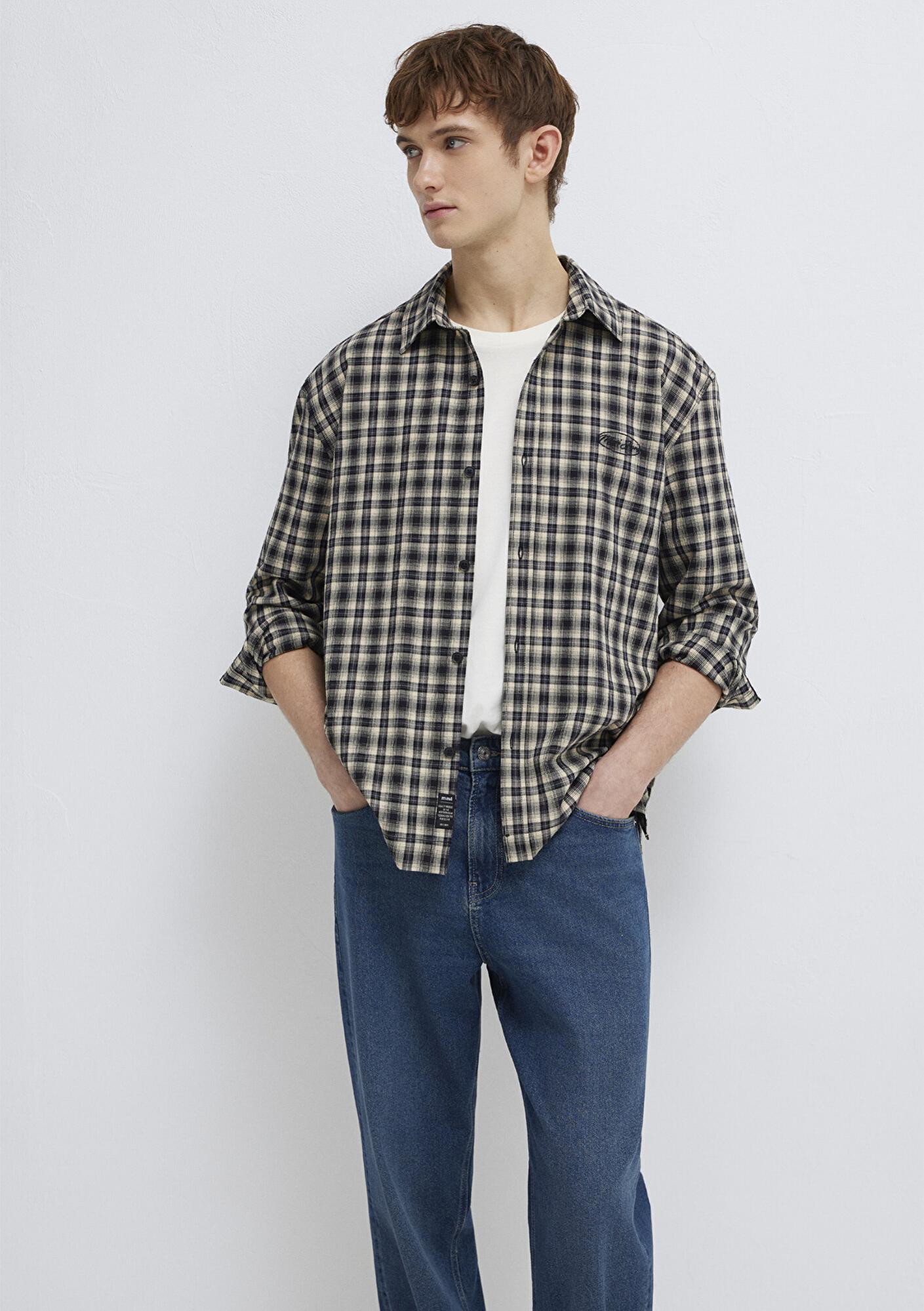 Mavi Mavi Jeans Nakışlı Siyah Ekose Gömlek Loose Fit / Bol Rahat Kesim 0211880-91417