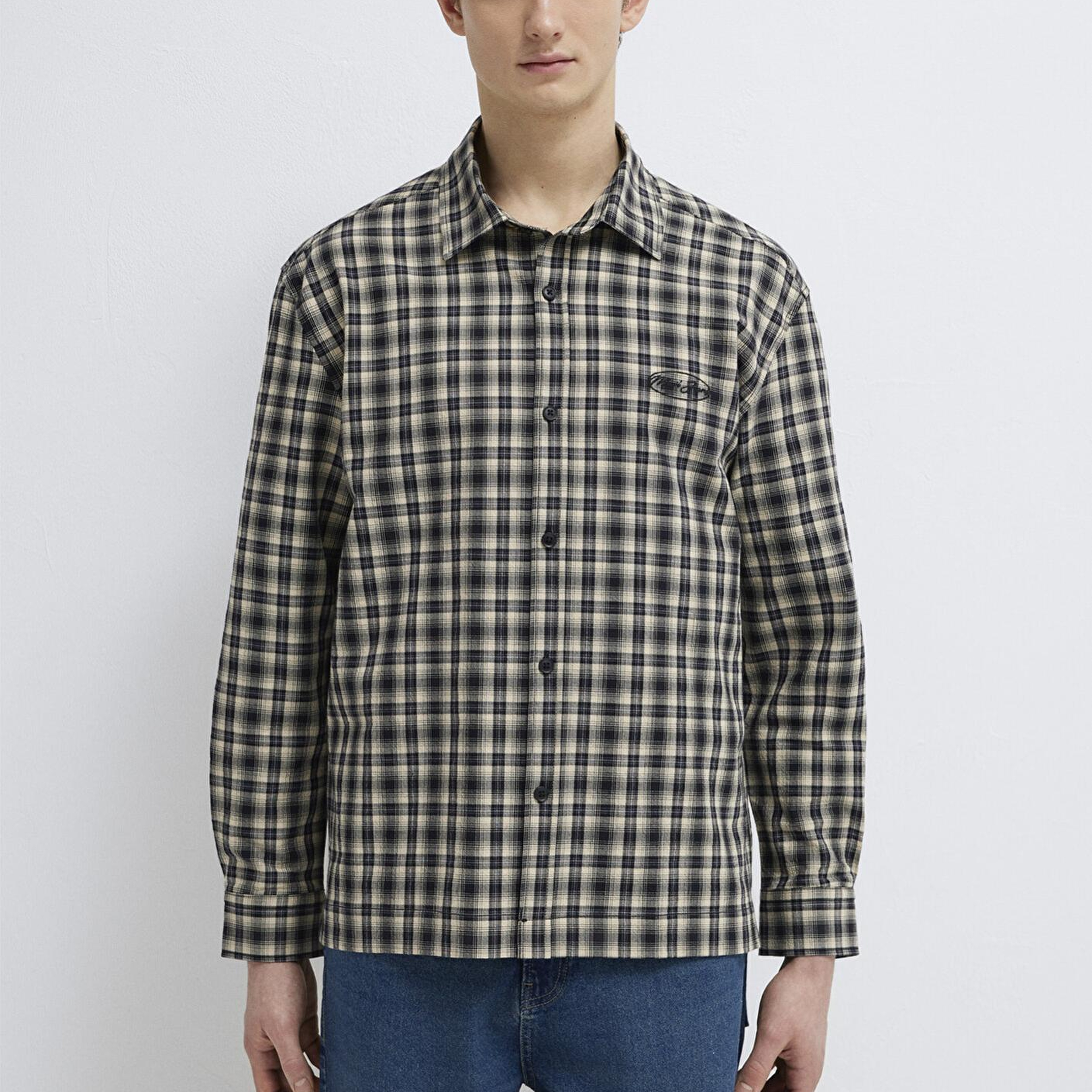 Mavi Mavi Jeans Nakışlı Siyah Ekose Gömlek Loose Fit / Bol Rahat Kesim 0211880-91417