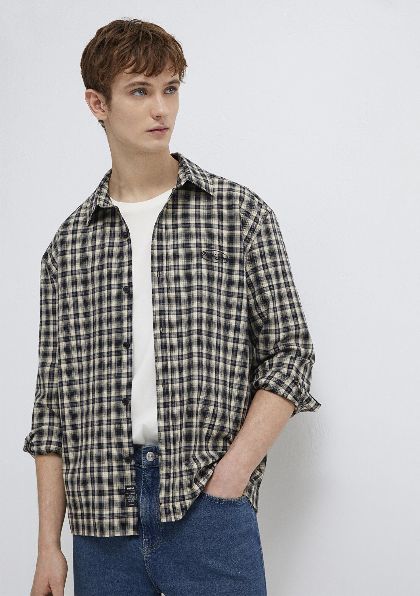 Mavi Mavi Jeans Nakışlı Siyah Ekose Gömlek Loose Fit / Bol Rahat Kesim 0211880-91417