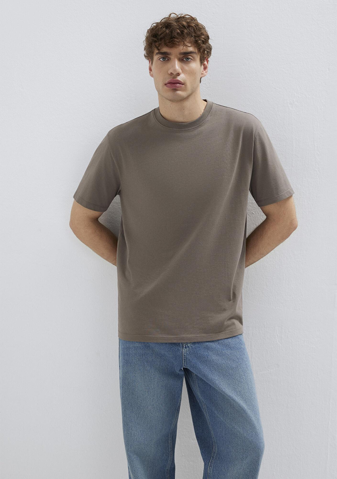 Mavi Kahverengi Basic Tişört Loose Fit / Bol Rahat Kesim 066249-87875