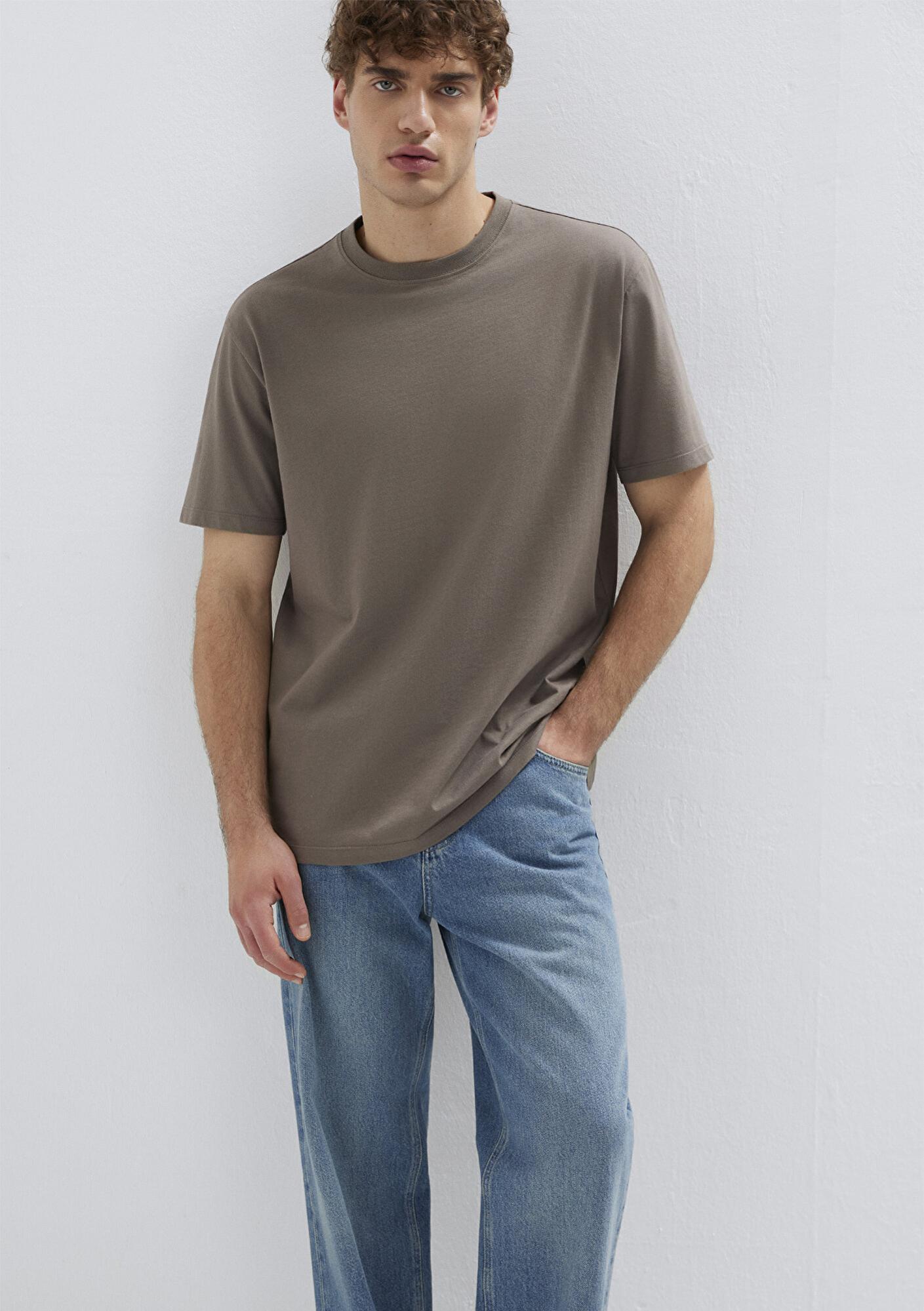 Mavi Kahverengi Basic Tişört Loose Fit / Bol Rahat Kesim 066249-87875