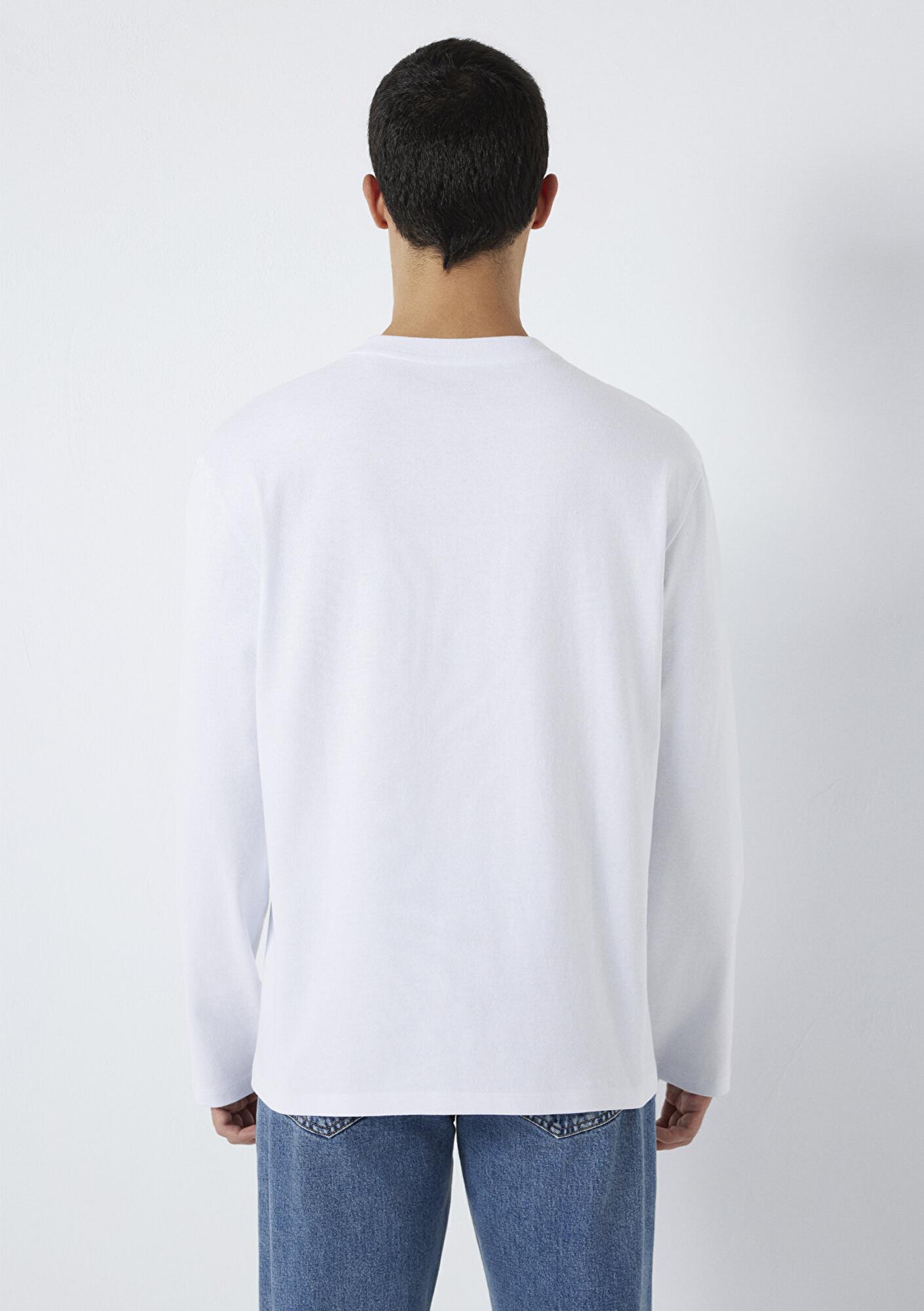 Mavi Uzun Kollu Beyaz Basic Tişört Loose Fit / Bol Rahat Kesim 0613170-620