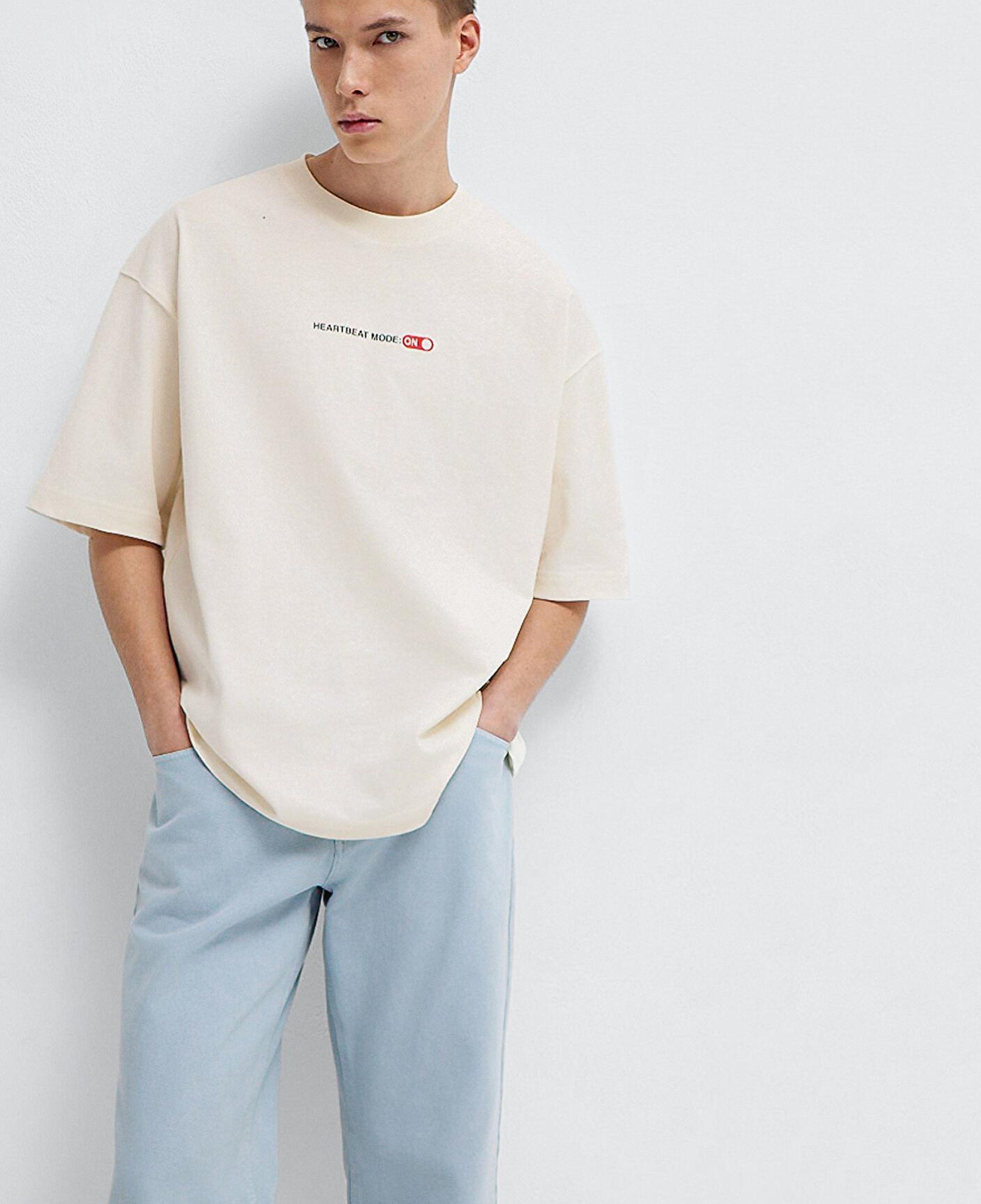 Mavi Heartbeat Mode On Baskılı Ekru Tişört Oversize / Geniş Kesim 0613254-83043