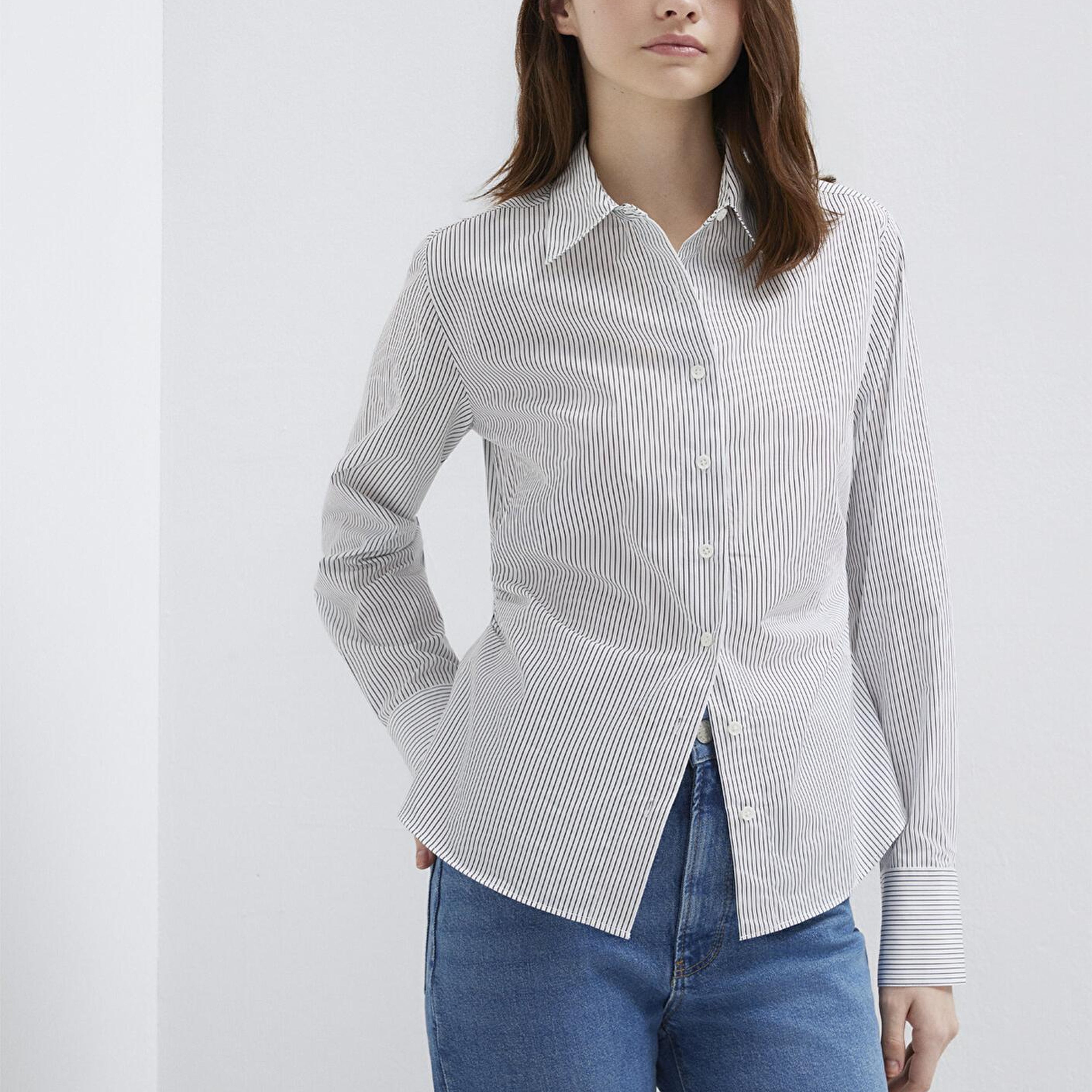 Mavi Antrasit Çizgili Beyaz Gömlek Slim Fit / Dar Kesim 1211378-91377