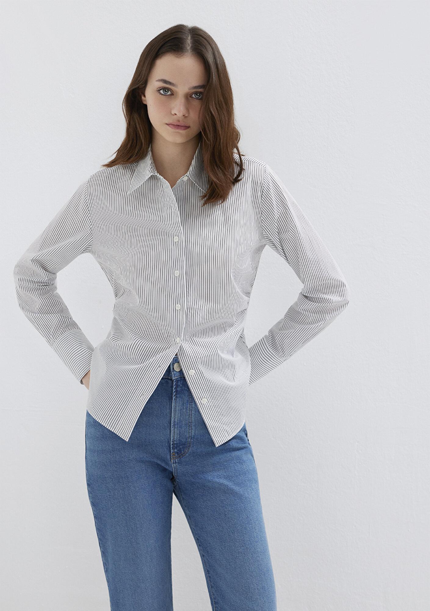 Mavi Antrasit Çizgili Beyaz Gömlek Slim Fit / Dar Kesim 1211378-91377