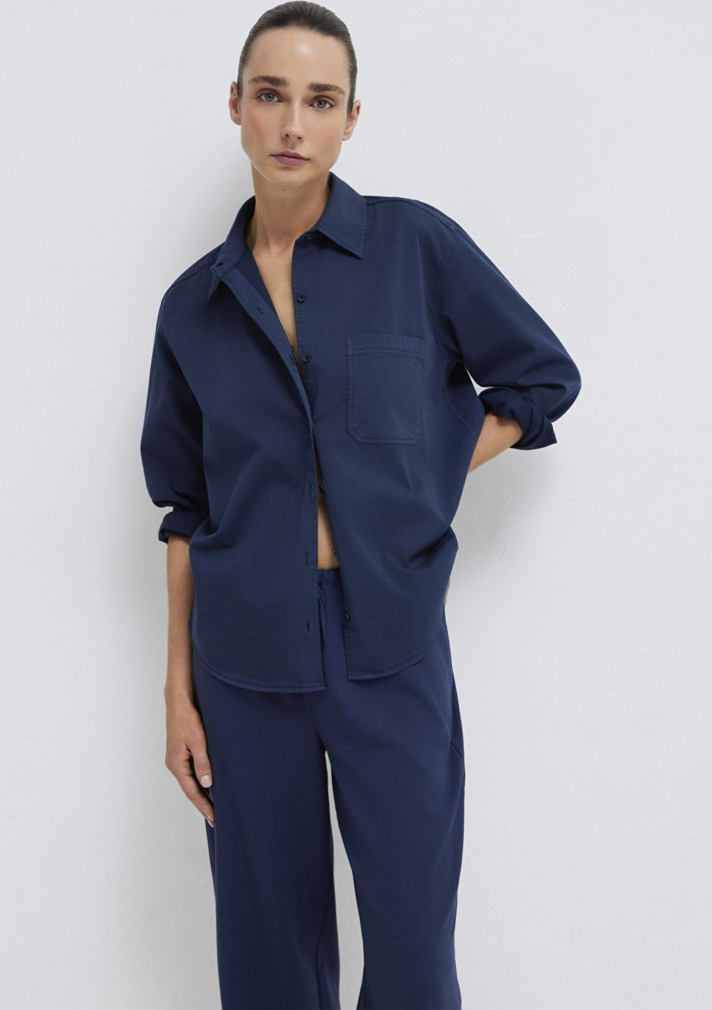 Mavi Cepli Lacivert Gömlek Loose Fit / Bol Rahat Kesim 1211385-70497