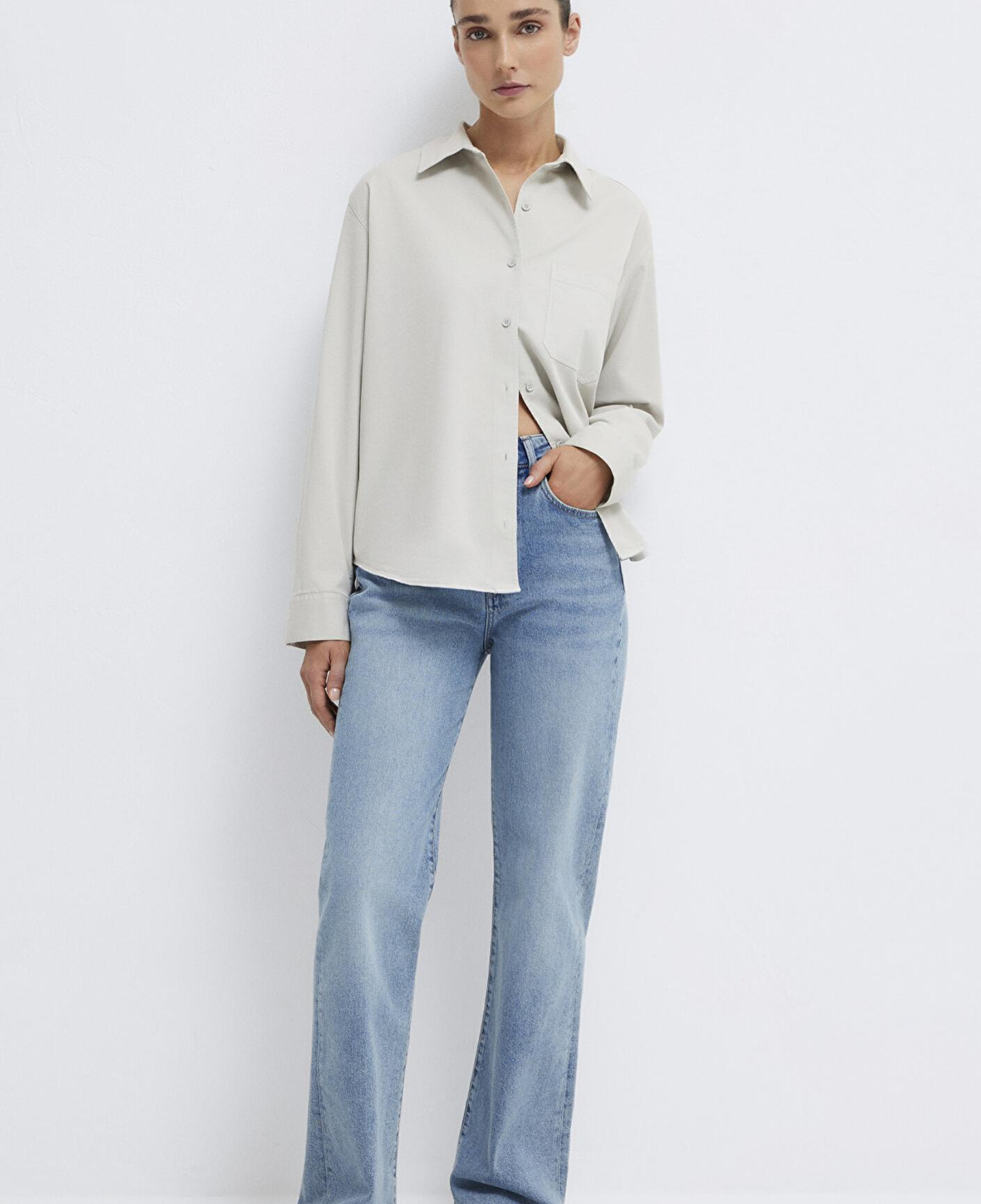 Mavi Cepli Gri Gömlek Loose Fit / Bol Rahat Kesim 1211385-80618