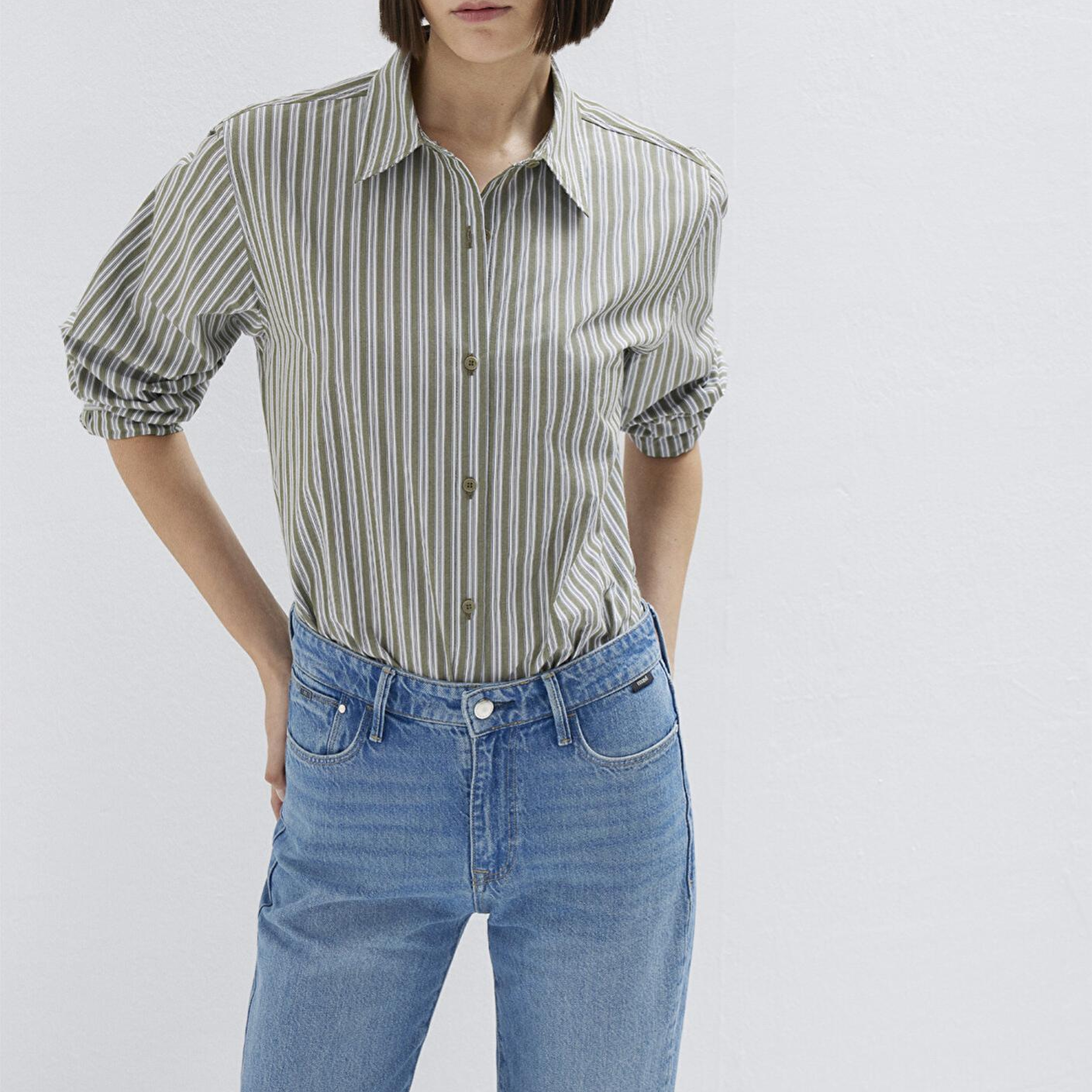 Mavi Çizgili Yeşil Gömlek Loose Fit / Bol Rahat Kesim 1211386-85171