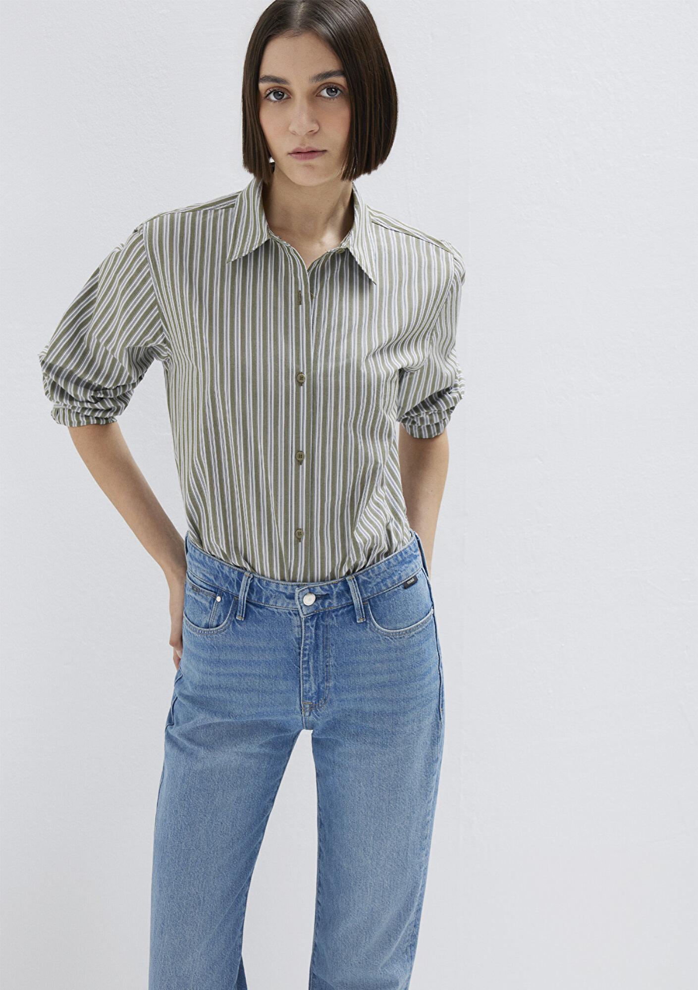 Mavi Çizgili Yeşil Gömlek Loose Fit / Bol Rahat Kesim 1211386-85171