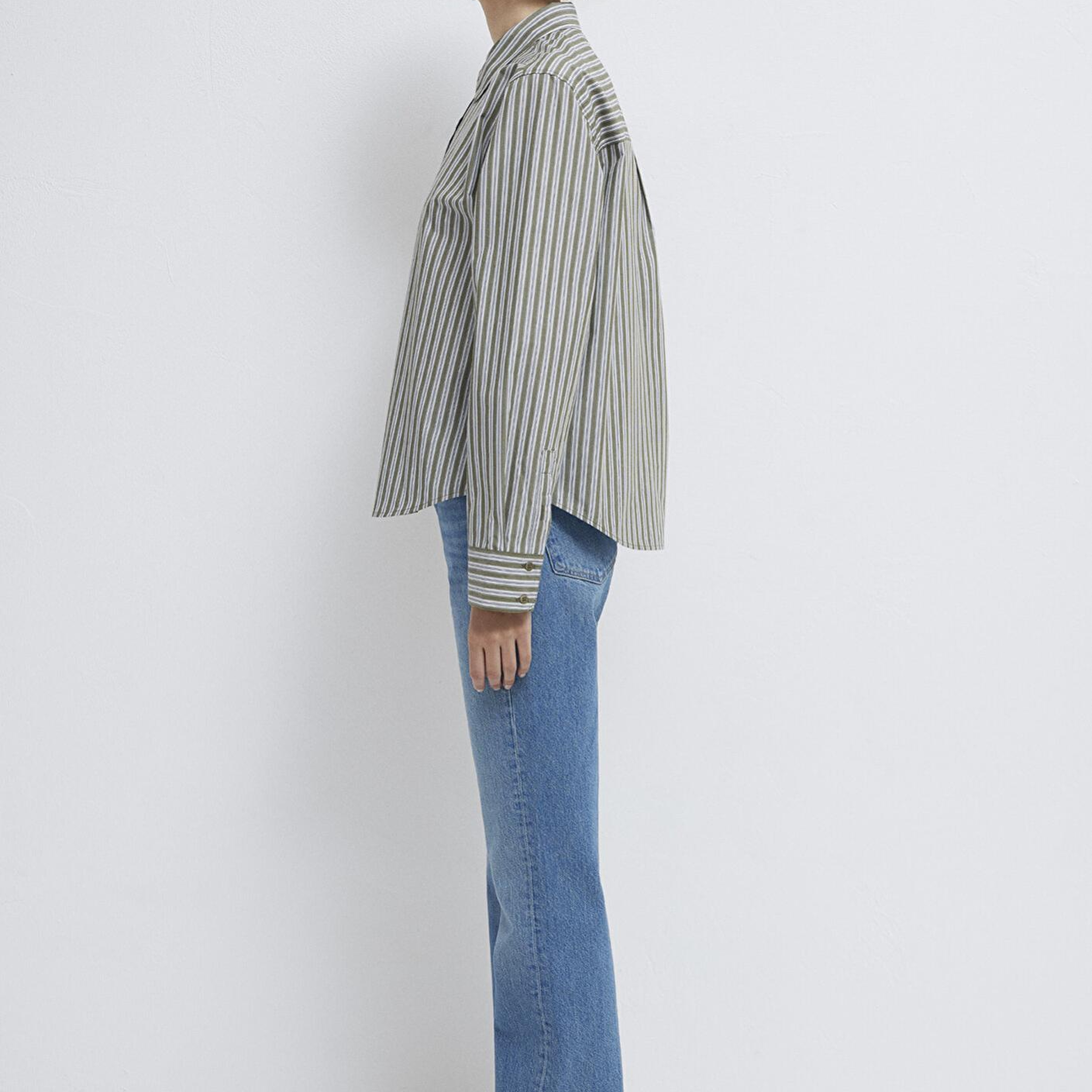 Mavi Çizgili Yeşil Gömlek Loose Fit / Bol Rahat Kesim 1211386-85171