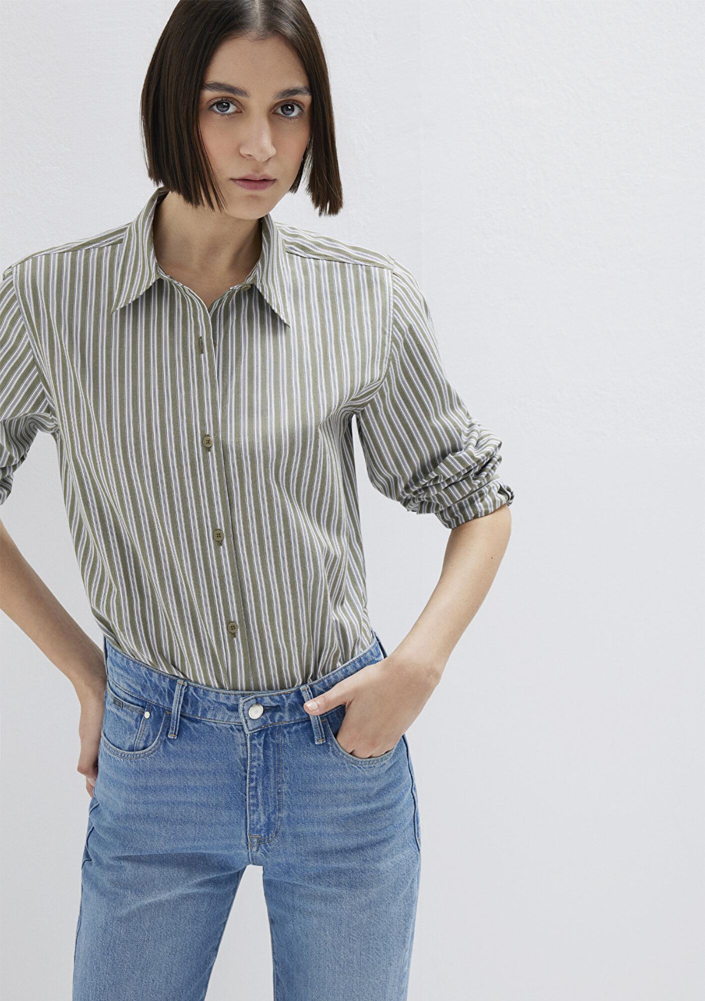 Mavi Çizgili Yeşil Gömlek Loose Fit / Bol Rahat Kesim 1211386-85171