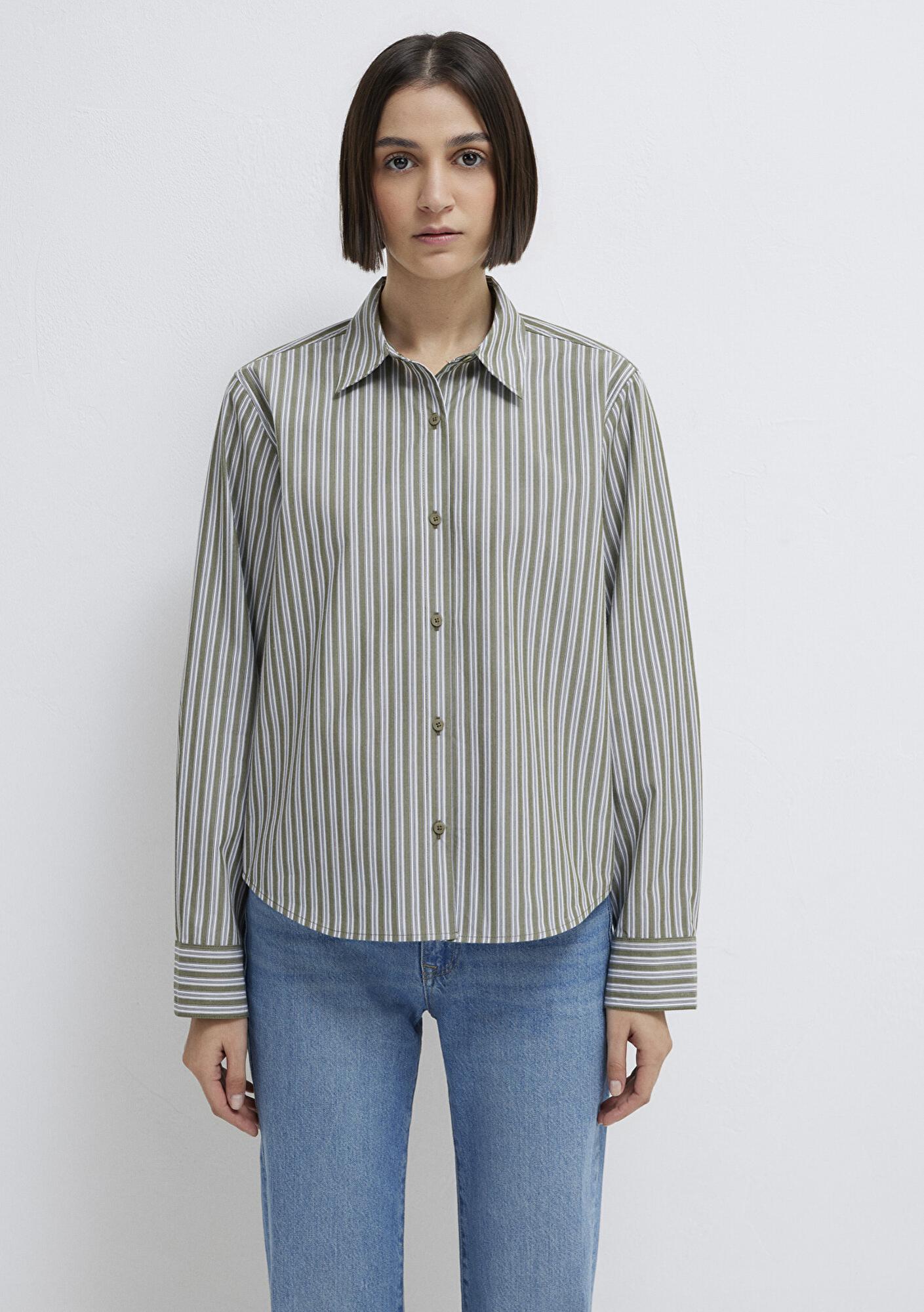 Mavi Çizgili Yeşil Gömlek Loose Fit / Bol Rahat Kesim 1211386-85171