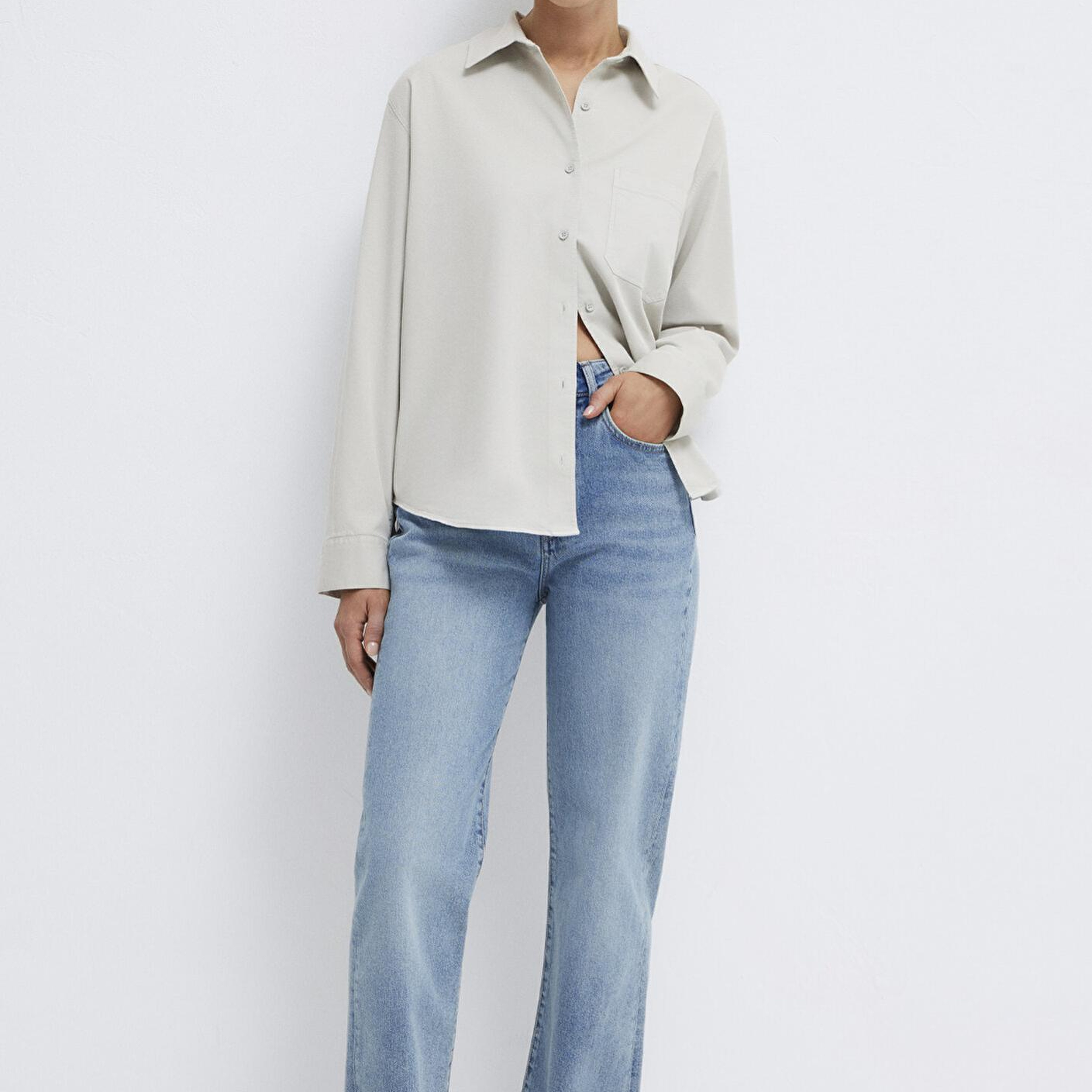 Mavi Cepli Gri Gömlek Loose Fit / Bol Rahat Kesim 1211385-80618