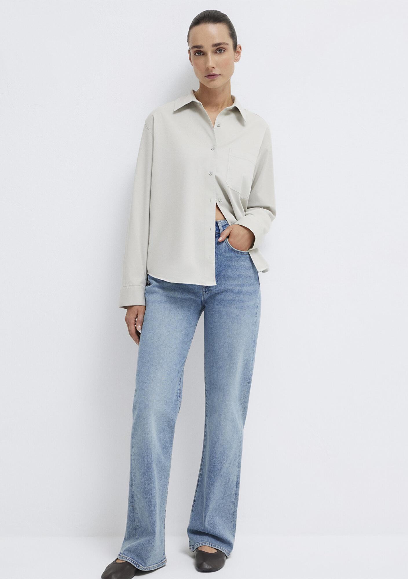 Mavi Cepli Gri Gömlek Loose Fit / Bol Rahat Kesim 1211385-80618