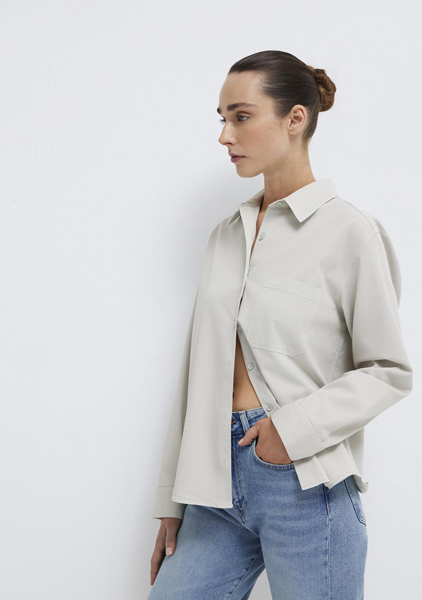 Mavi Cepli Gri Gömlek Loose Fit / Bol Rahat Kesim 1211385-80618