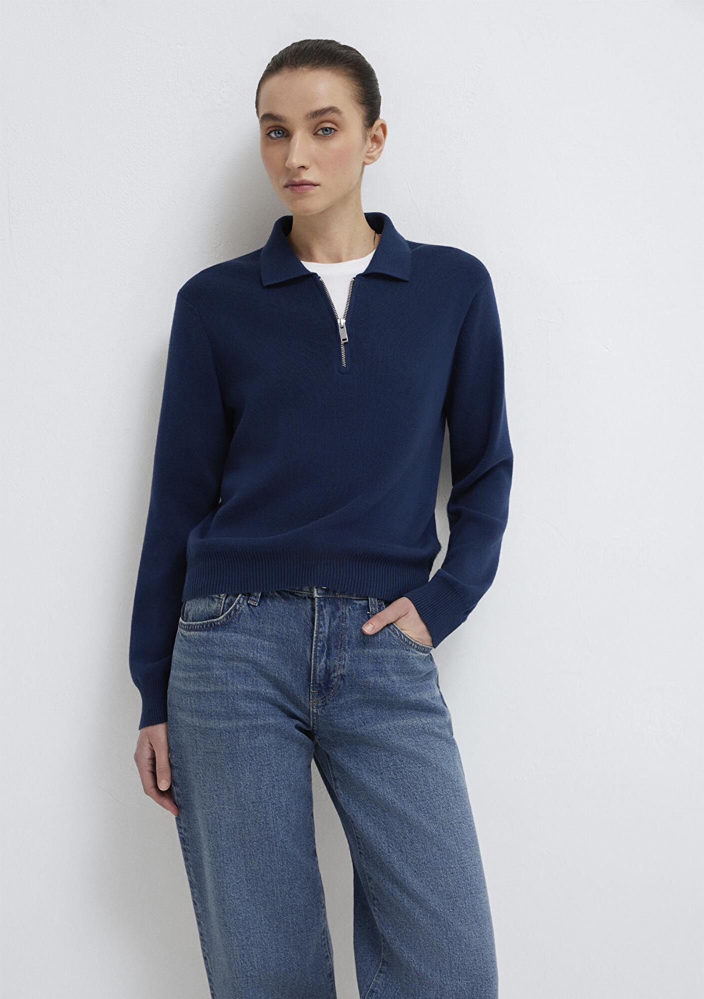 Mavi Lacivert Yarı Fermuarlı Triko Polo 1710842-70497