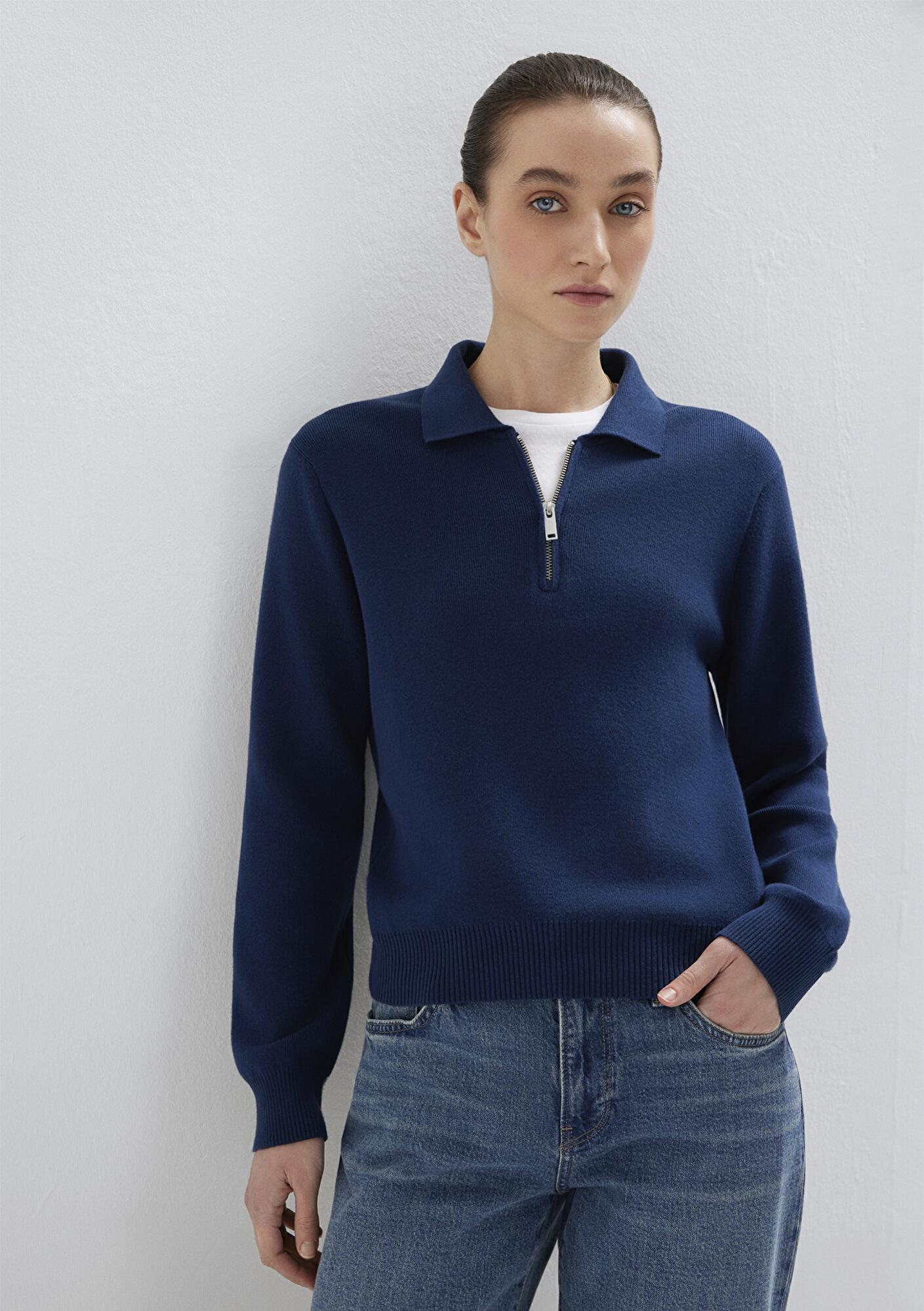 Mavi Lacivert Yarı Fermuarlı Triko Polo 1710842-70497