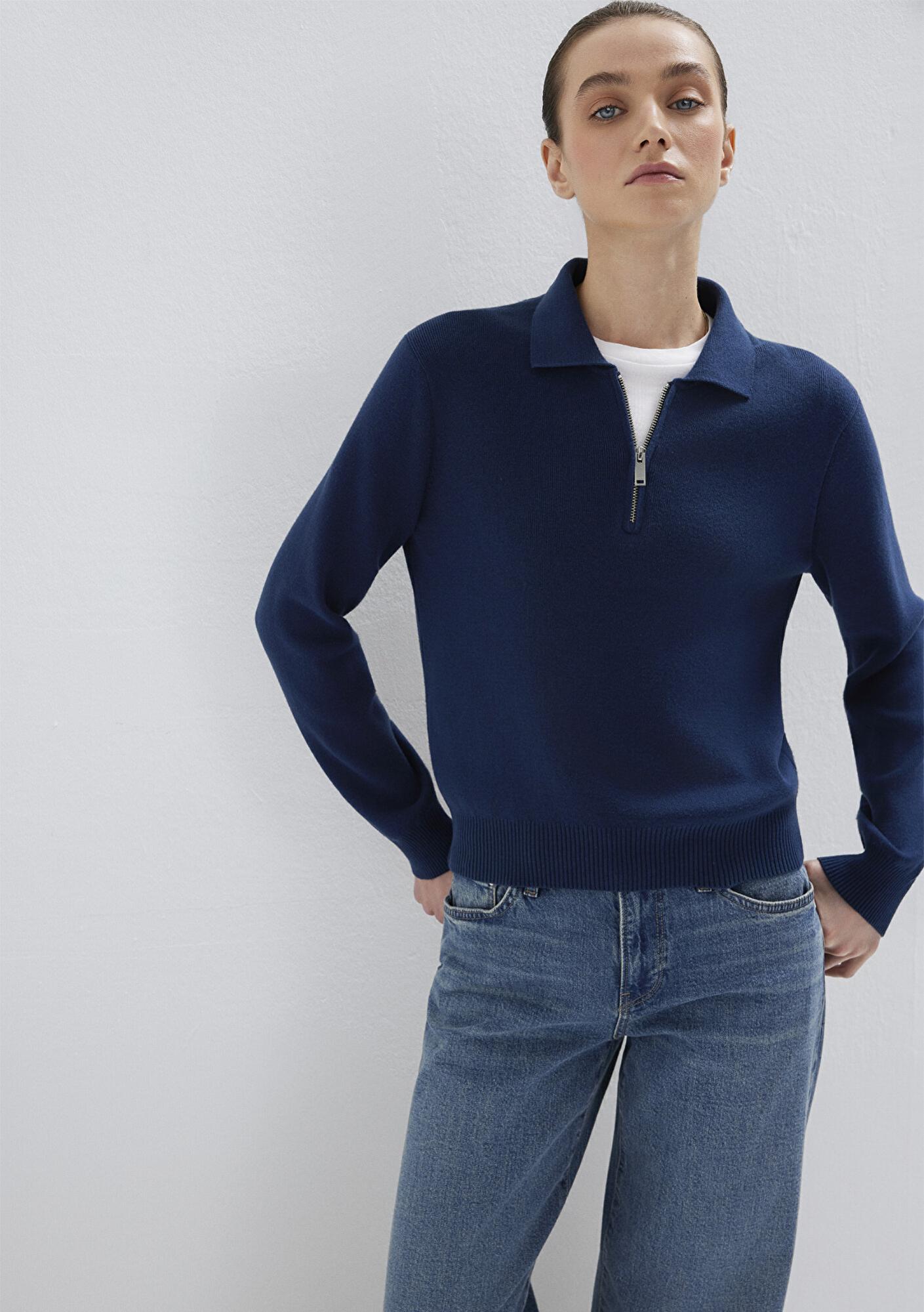 Mavi Lacivert Yarı Fermuarlı Triko Polo 1710842-70497