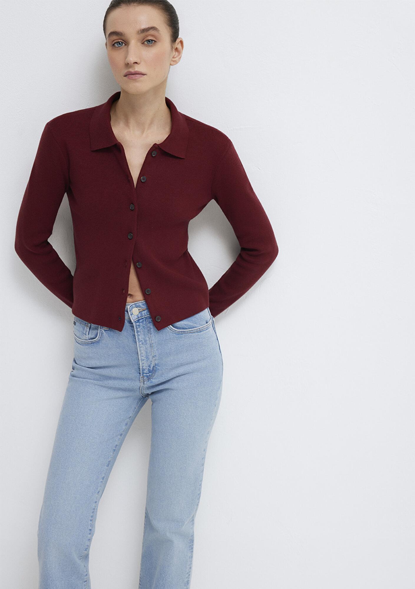 Mavi Polo Yaka Bordo Hırka Fitted / Vücuda Oturan Kesim 1710586-70431