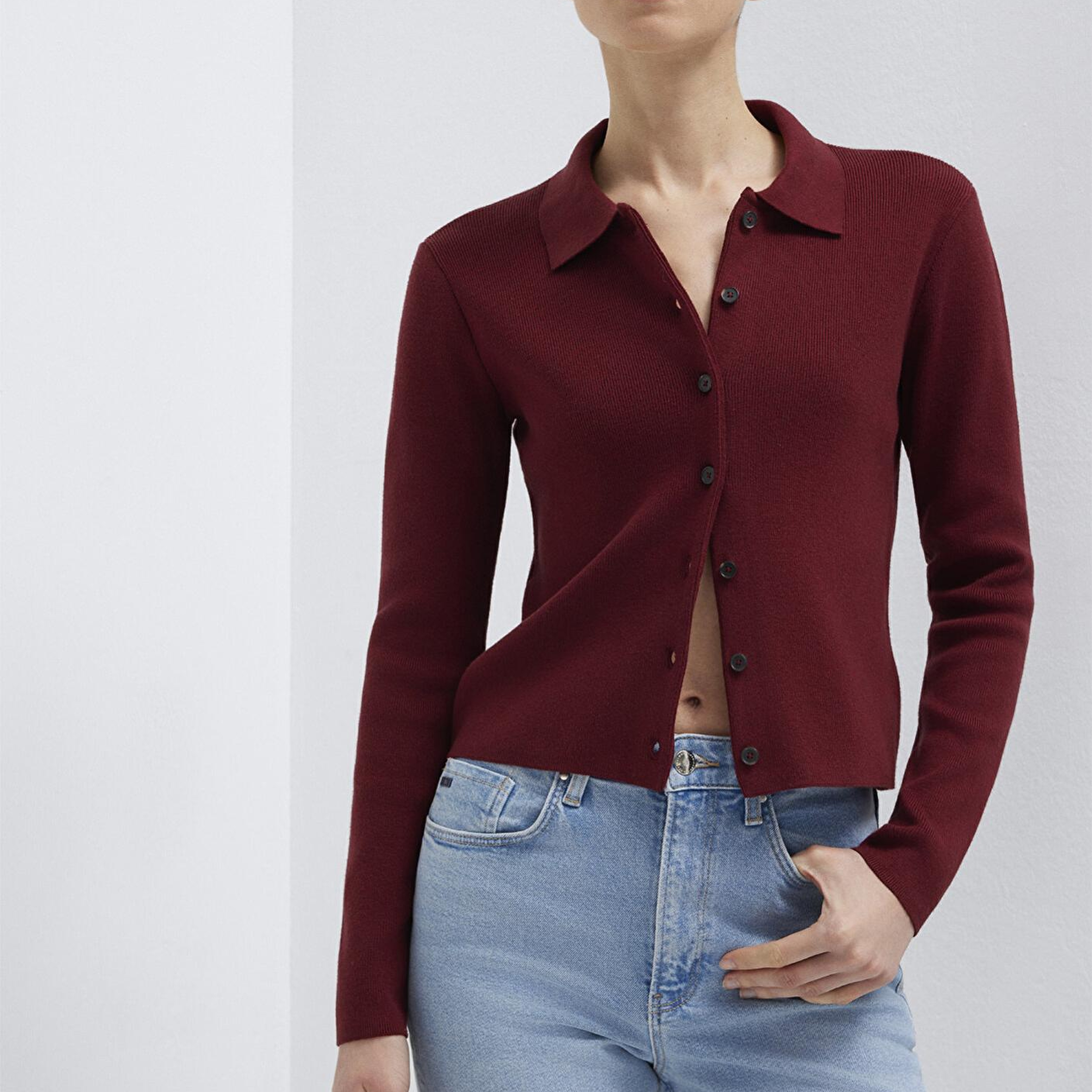 Mavi Polo Yaka Bordo Hırka Fitted / Vücuda Oturan Kesim 1710586-70431