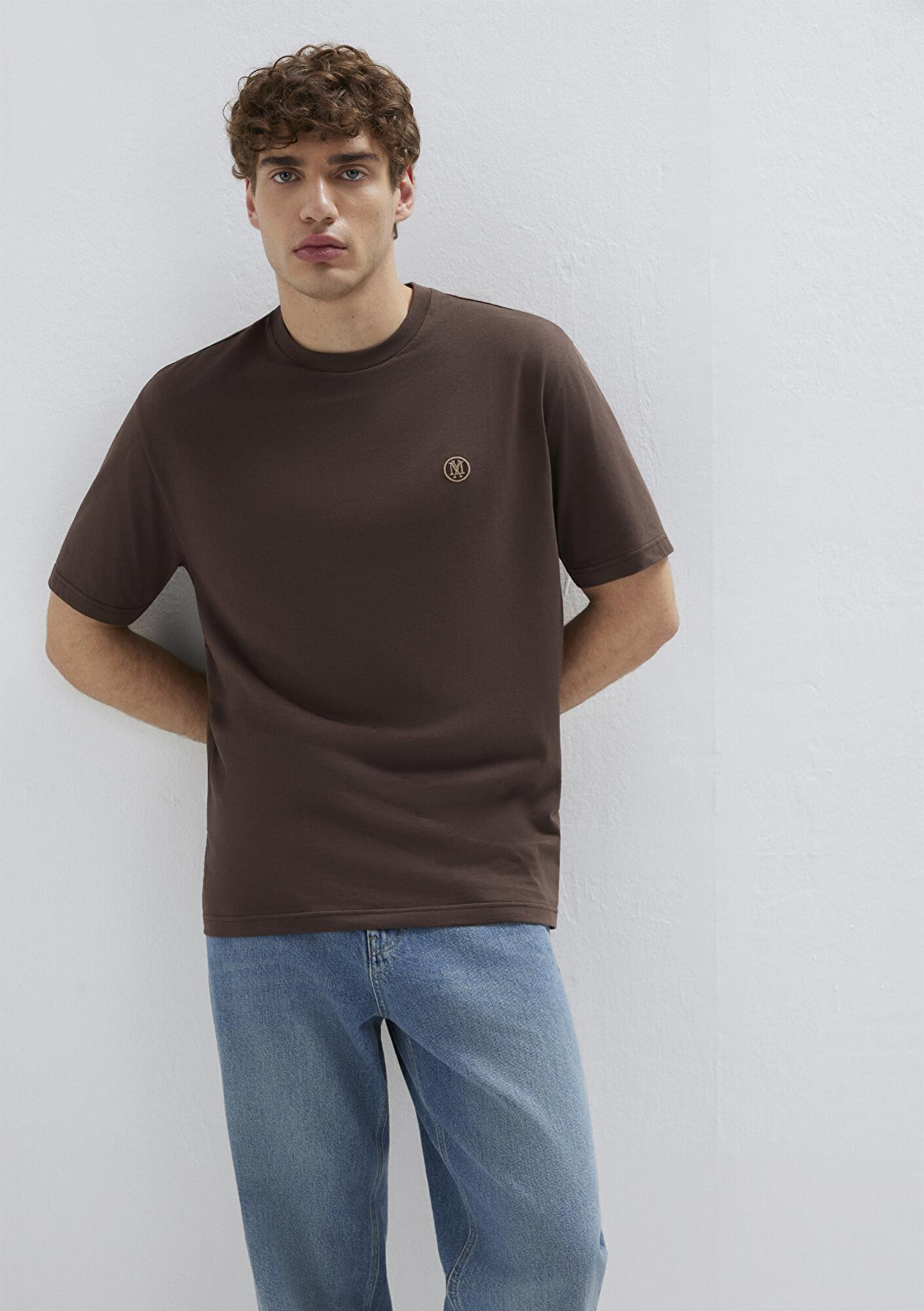 Mavi Mavi Logo İşlemeli Kahverengi Basic Tişört Loose Fit / Bol Rahat Kesim 067074-70251