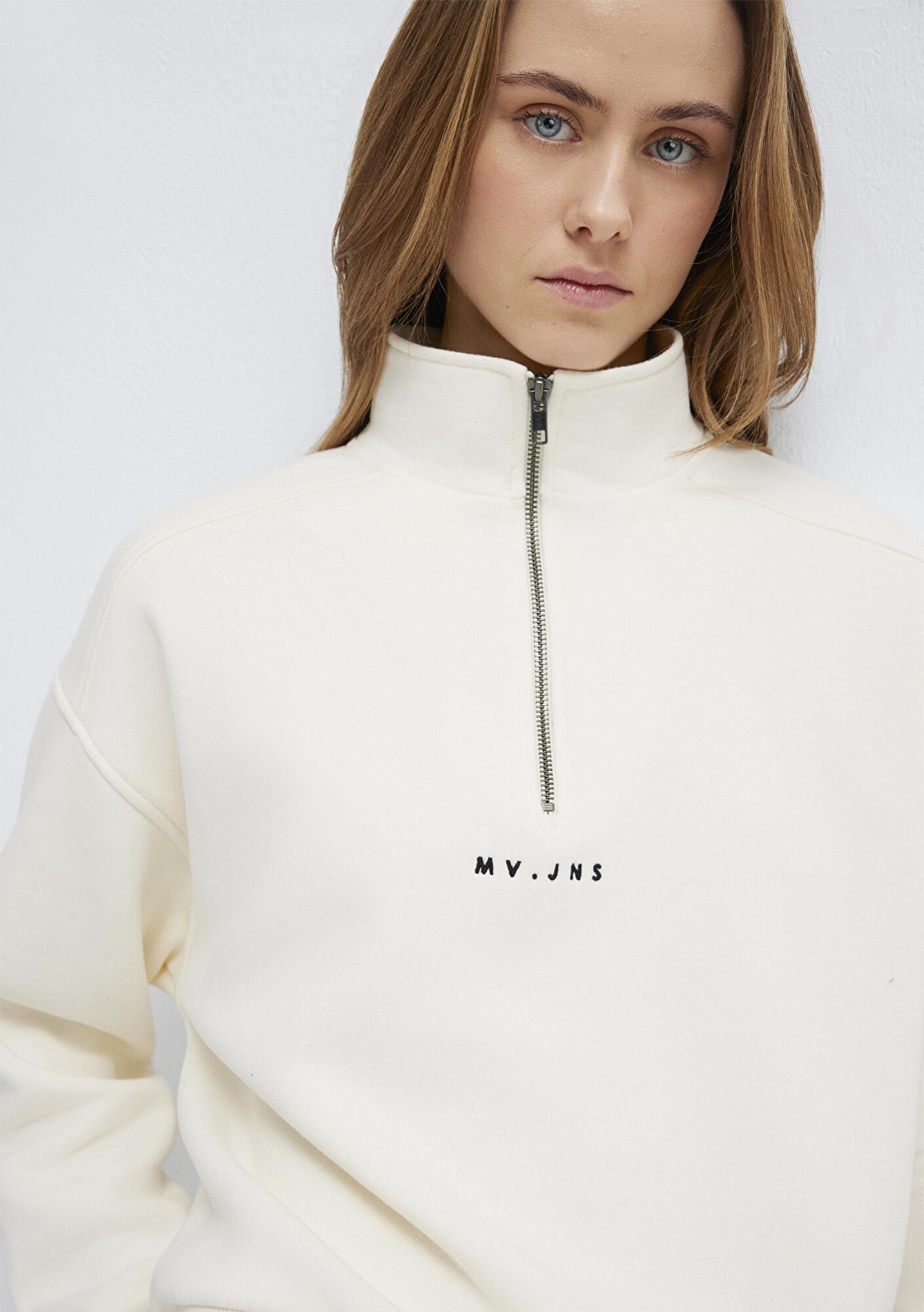 Mavi MVJNS Nakışlı Yarı Fermuarlı Ekru Sweatshirt 1S10533-89145