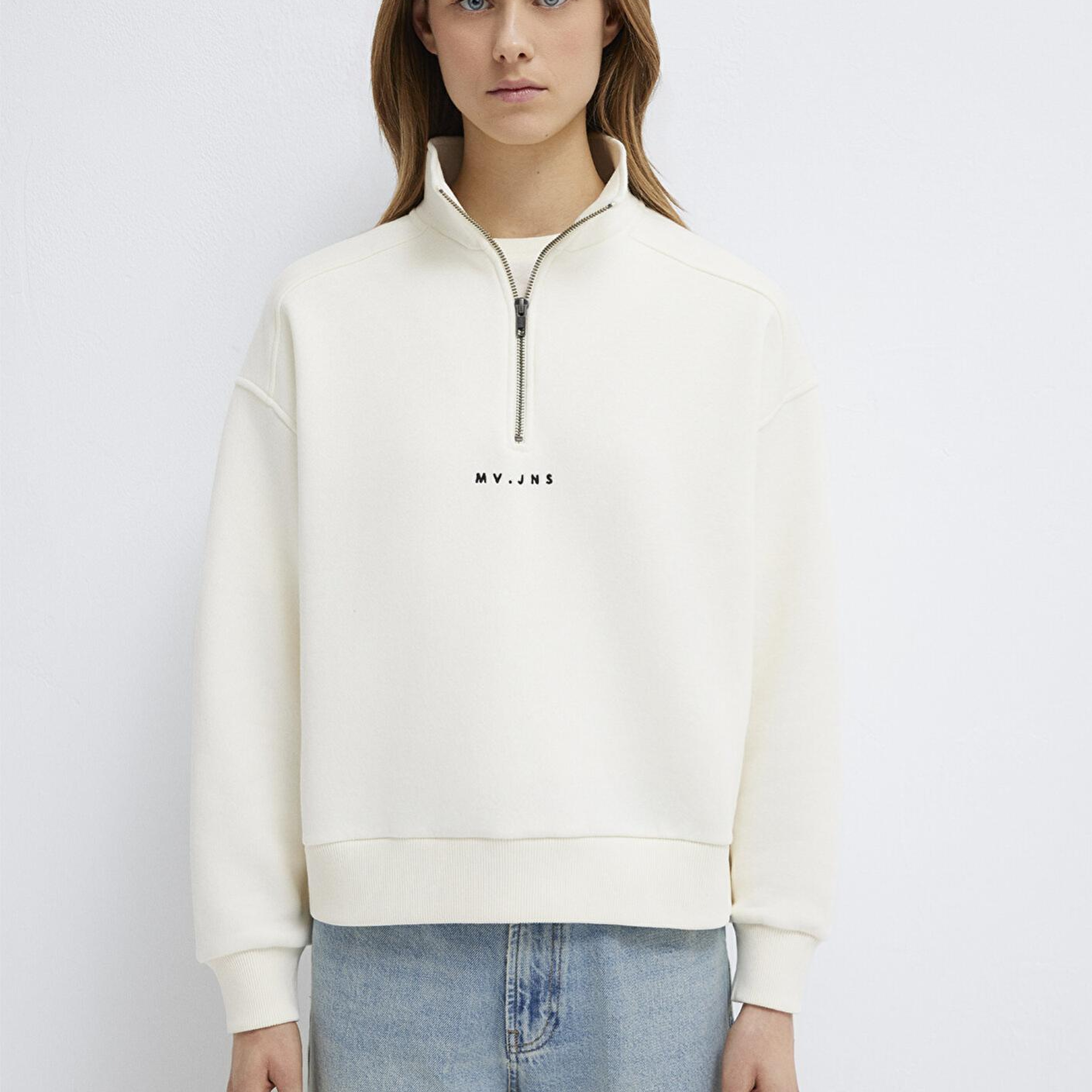 Mavi MVJNS Nakışlı Yarı Fermuarlı Ekru Sweatshirt 1S10533-89145